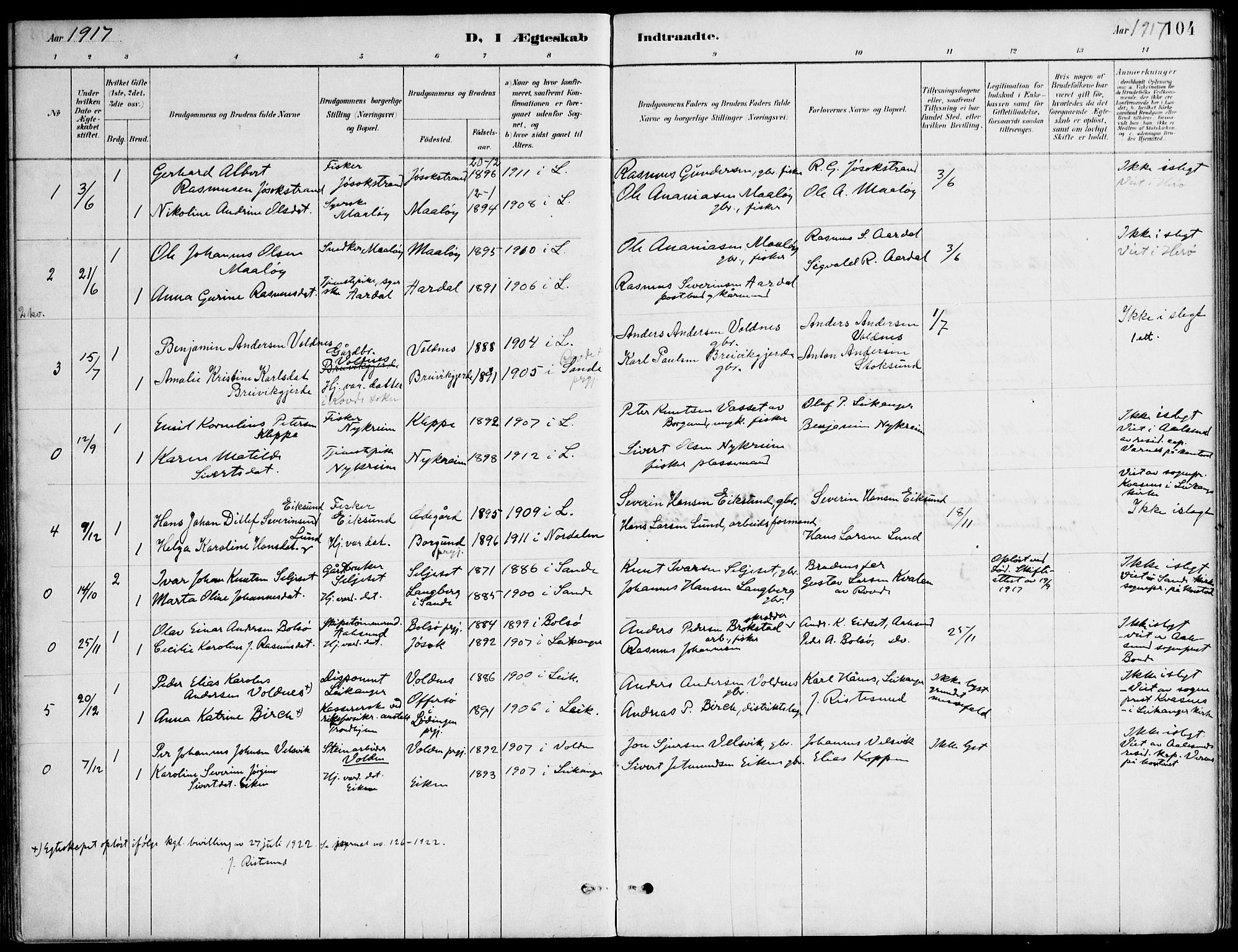 Ministerialprotokoller, klokkerbøker og fødselsregistre - Møre og Romsdal, AV/SAT-A-1454/508/L0095: Parish register (official) no. 508A02, 1887-1920, p. 104