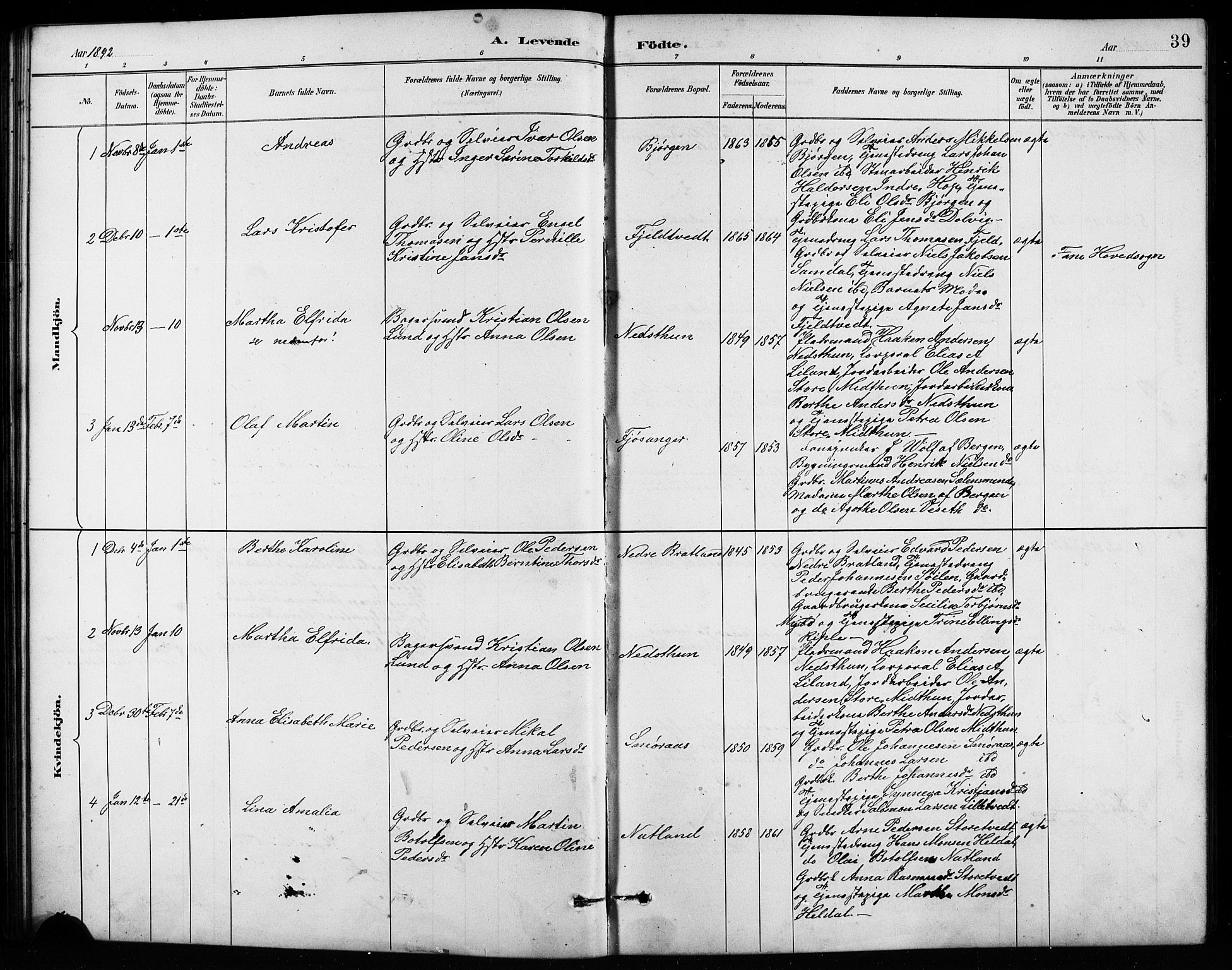 Birkeland Sokneprestembete, SAB/A-74601/H/Hab: Parish register (copy) no. A 4, 1888-1897, p. 39