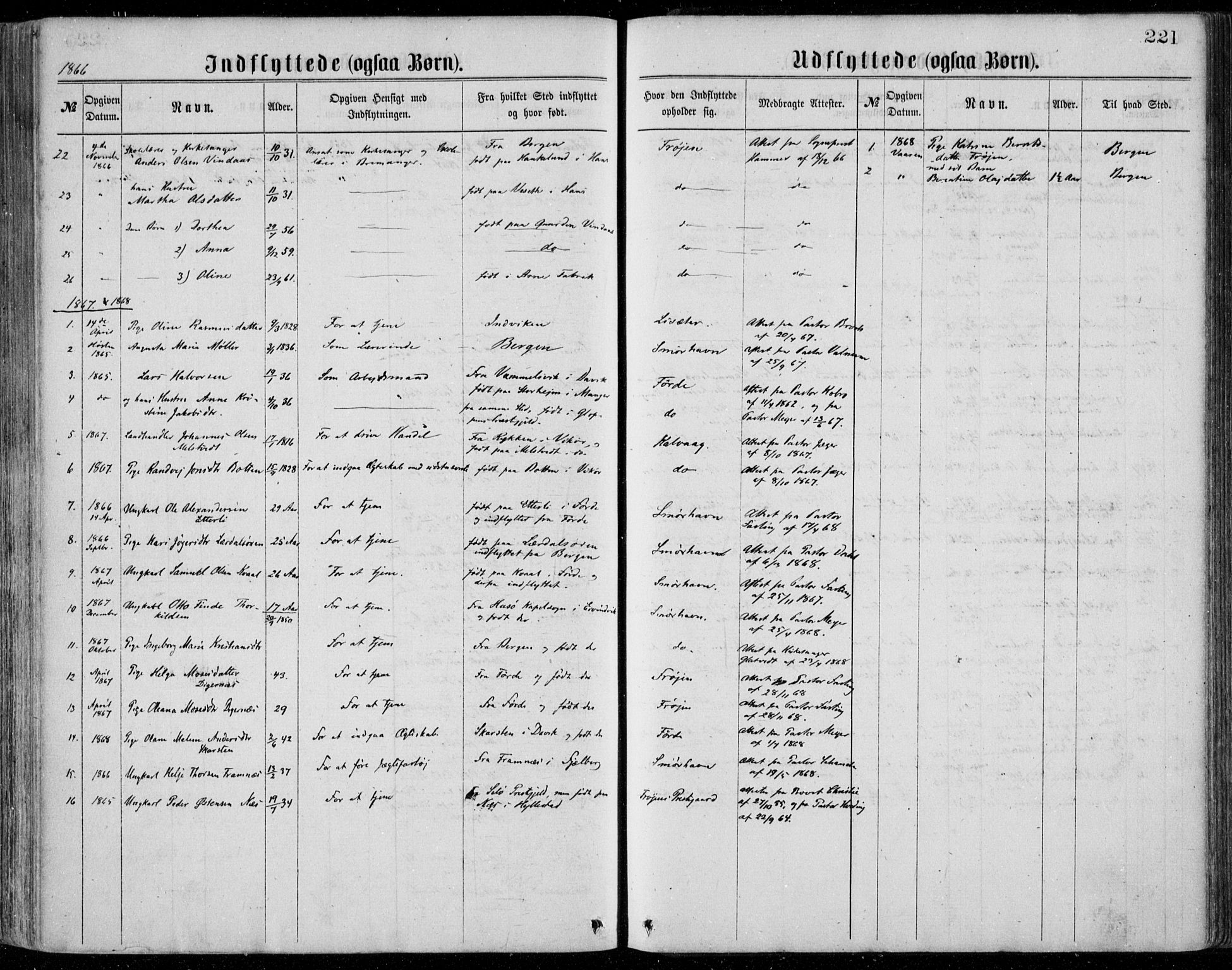 Bremanger sokneprestembete, SAB/A-82201/H/Haa/Haaa/L0001: Parish register (official) no. A  1, 1864-1883, p. 221