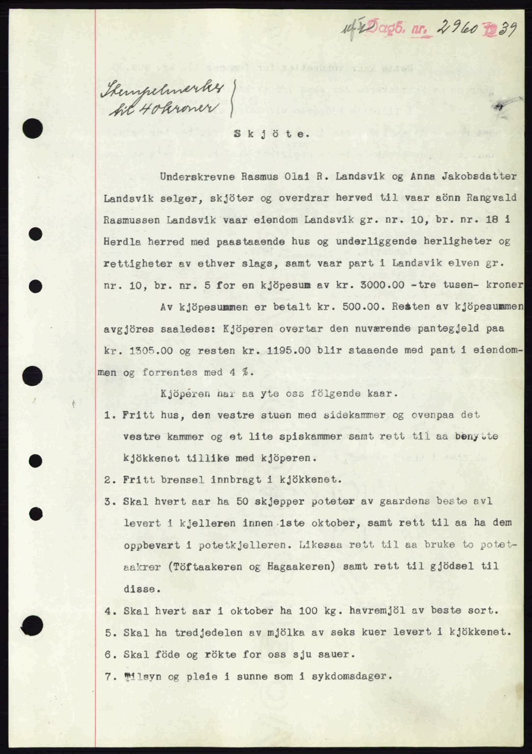 Nordhordland sorenskrivar, SAB/A-2901/1/G/Gb/Gbf/L0010: Mortgage book no. A10, 1939-1940, Diary no: : 2960/1939