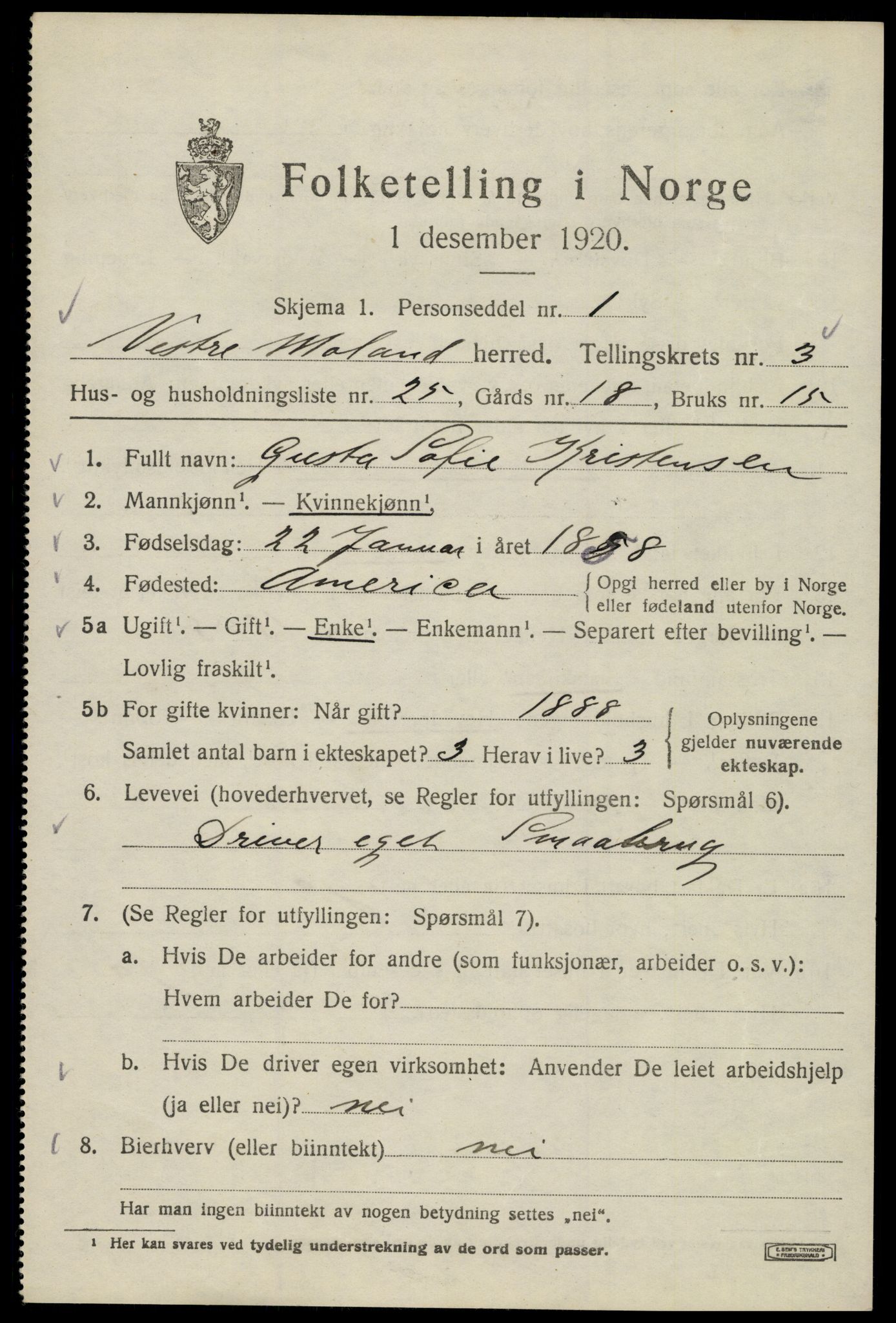 SAK, 1920 census for Vestre Moland, 1920, p. 3561