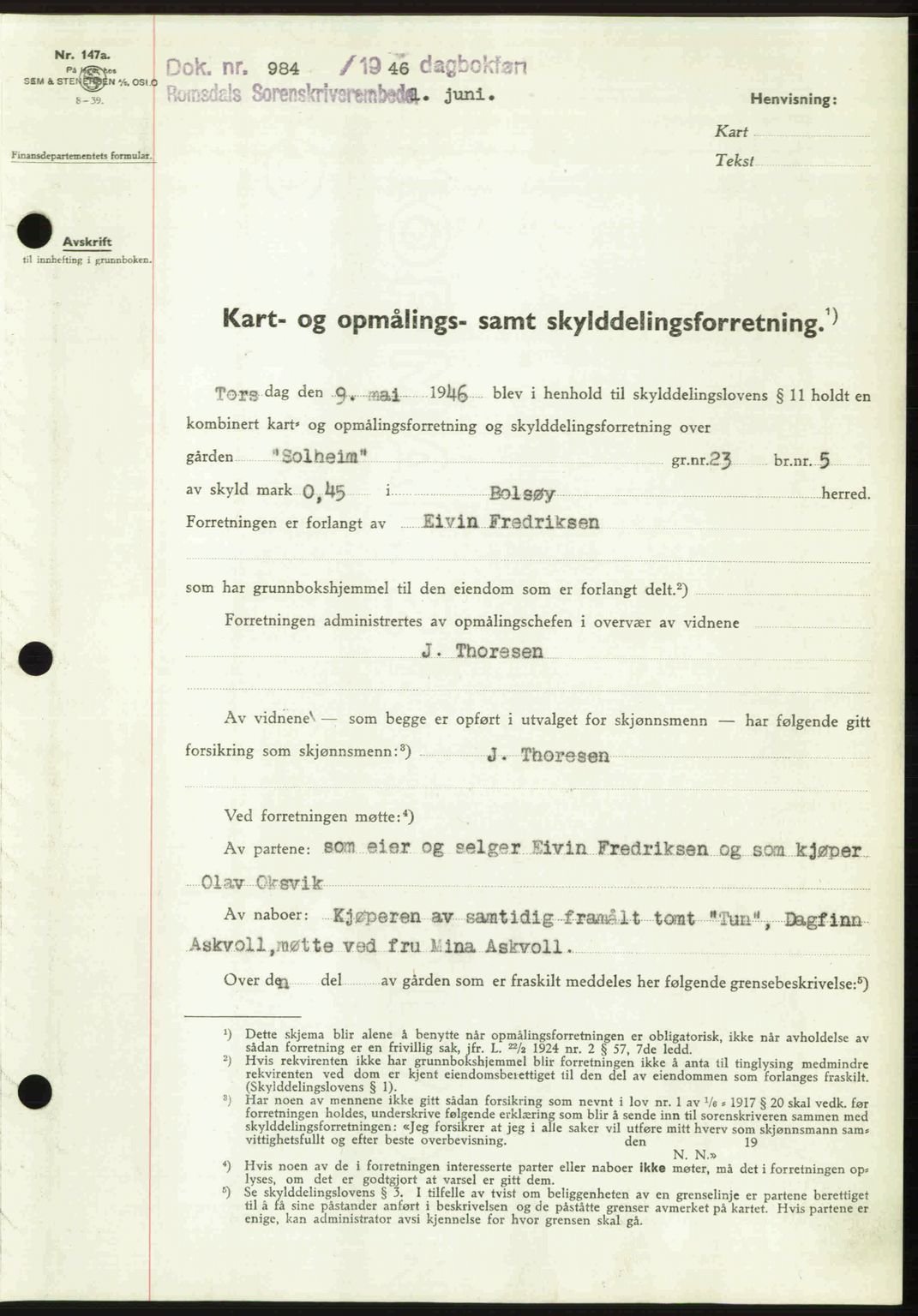 Romsdal sorenskriveri, AV/SAT-A-4149/1/2/2C: Mortgage book no. A20, 1946-1946, Diary no: : 984/1946