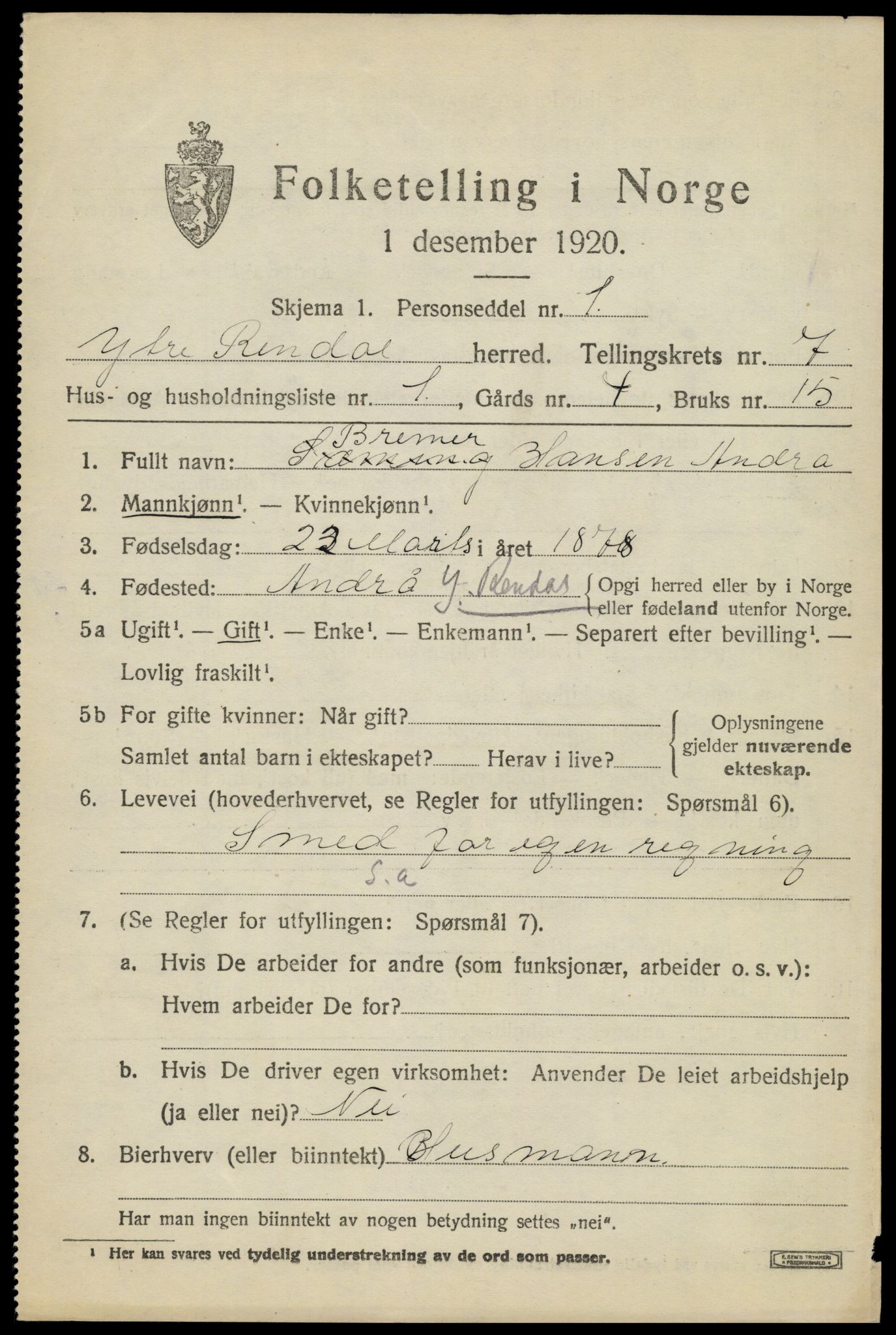 SAH, 1920 census for Ytre Rendal, 1920, p. 3645