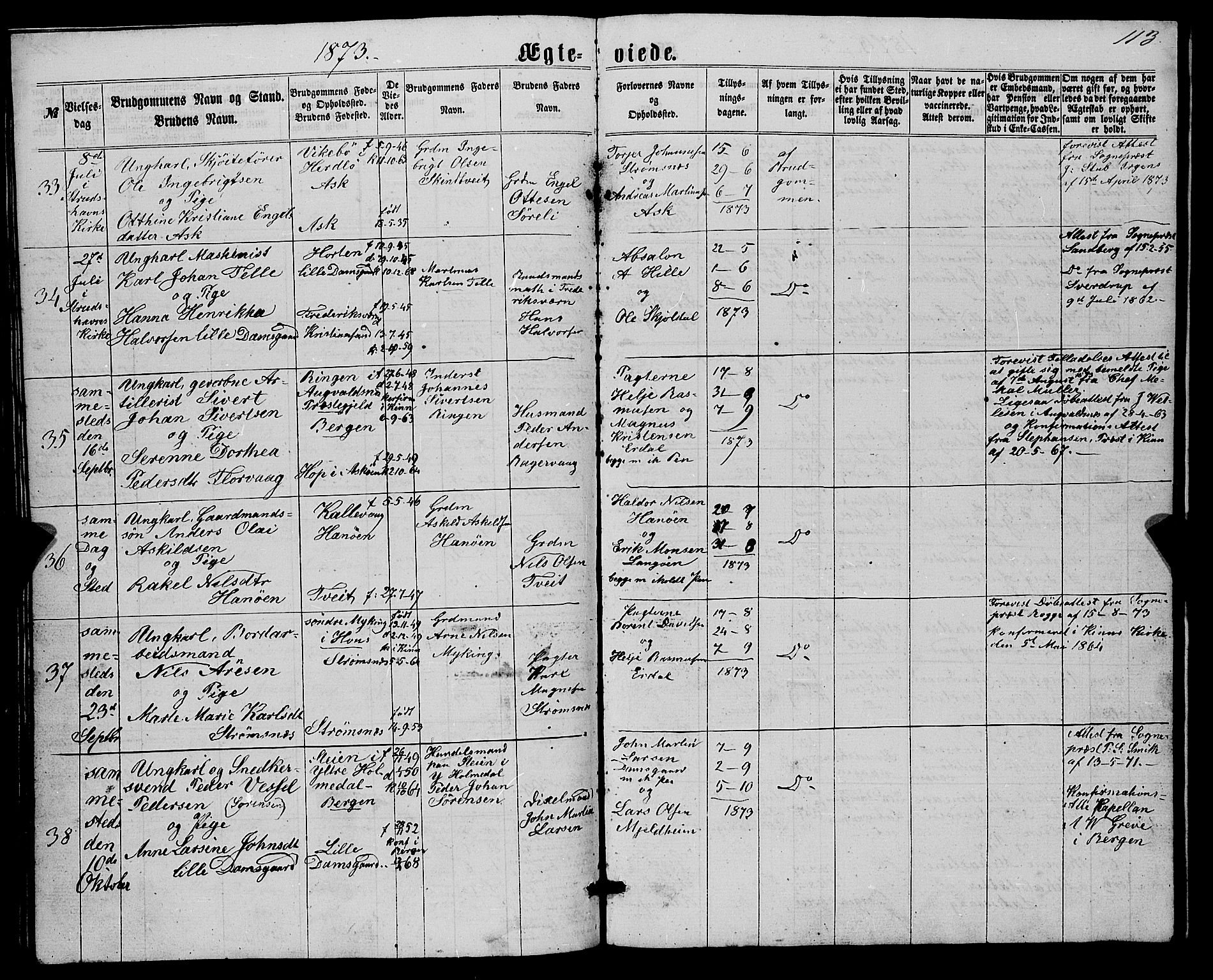 Askøy Sokneprestembete, AV/SAB-A-74101/H/Ha/Hab/Haba/L0006: Parish register (copy) no. A 6, 1861-1881, p. 113