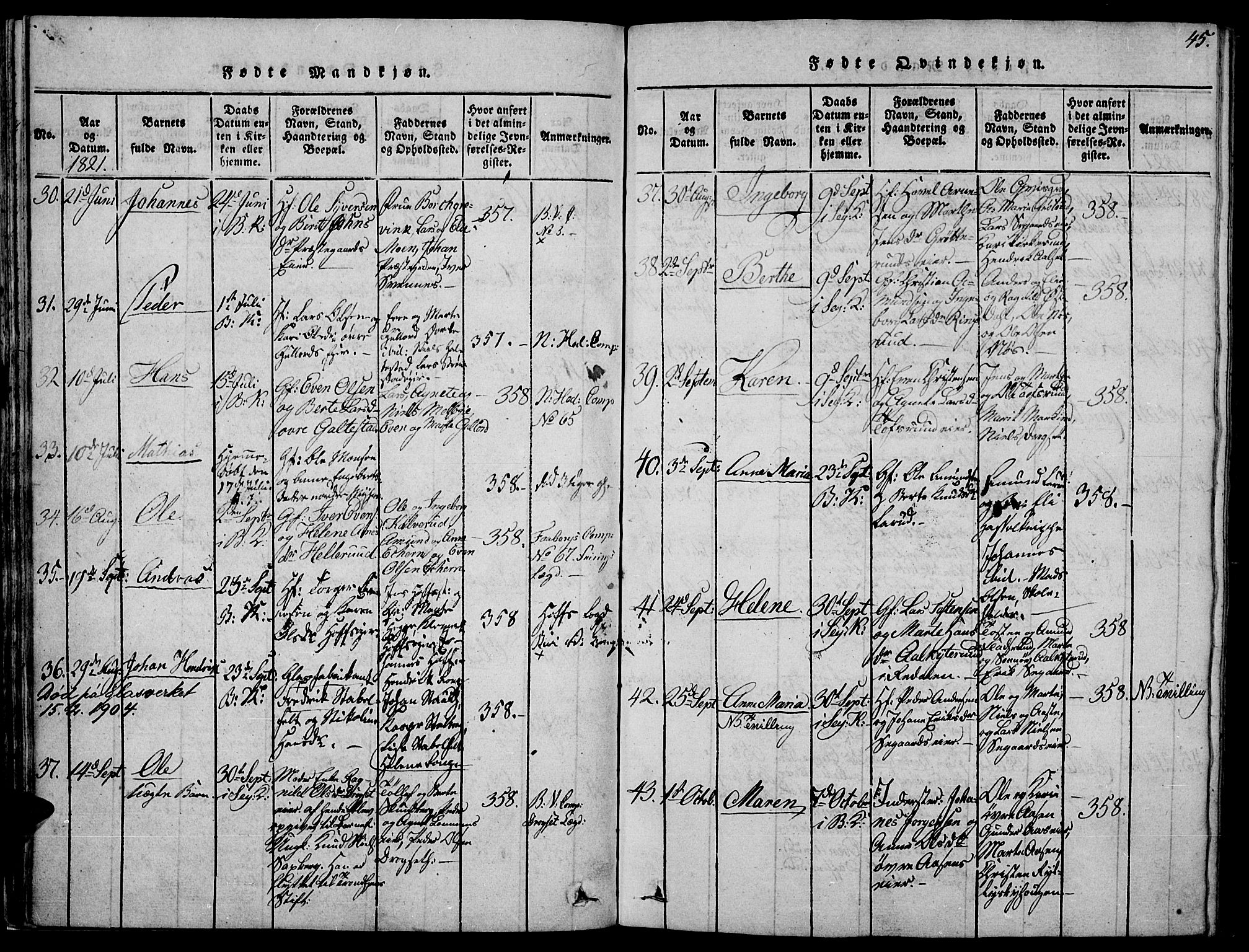 Biri prestekontor, AV/SAH-PREST-096/H/Ha/Haa/L0003: Parish register (official) no. 3, 1814-1828, p. 45