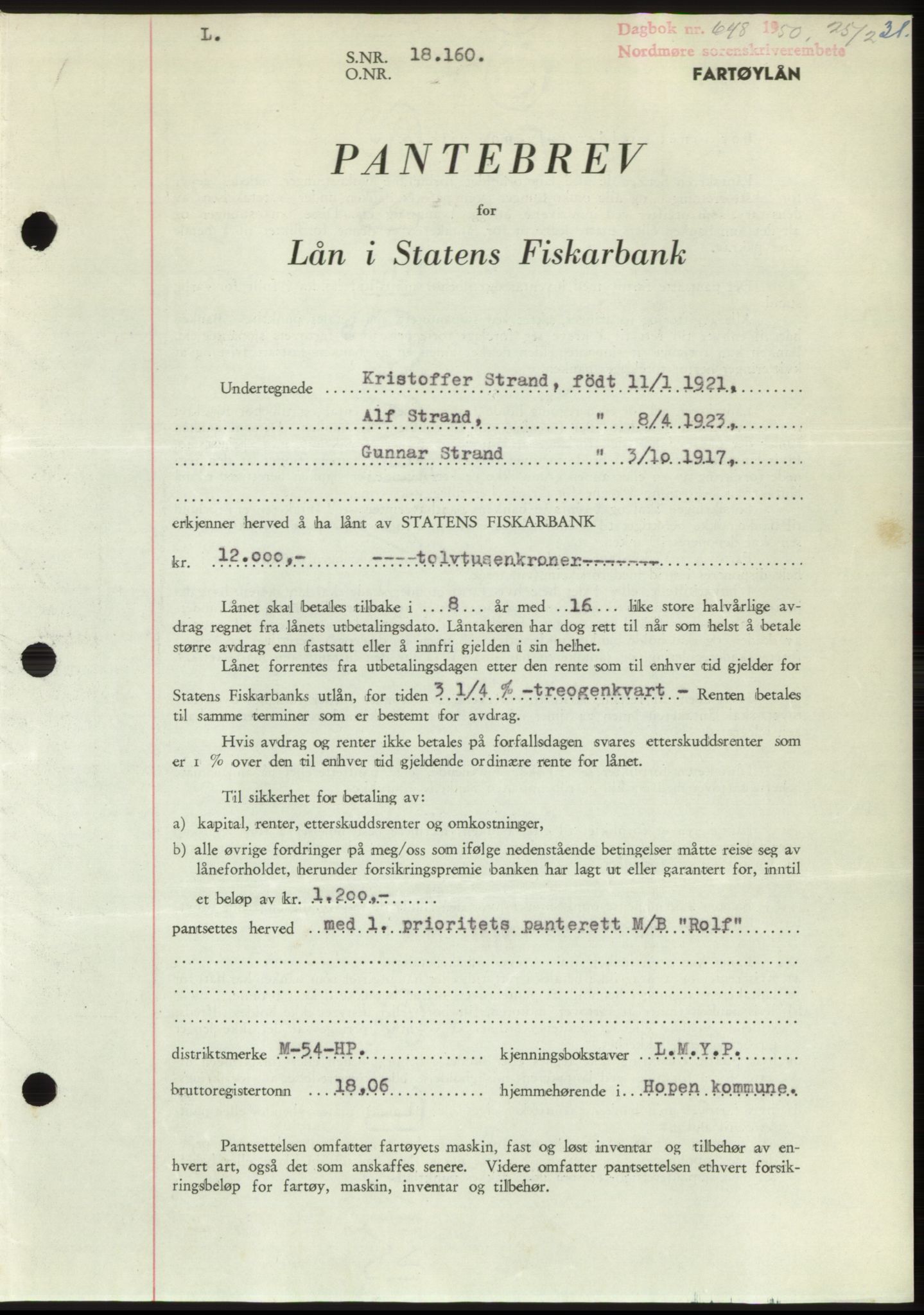 Nordmøre sorenskriveri, AV/SAT-A-4132/1/2/2Ca: Mortgage book no. B104, 1950-1950, Diary no: : 648/1950