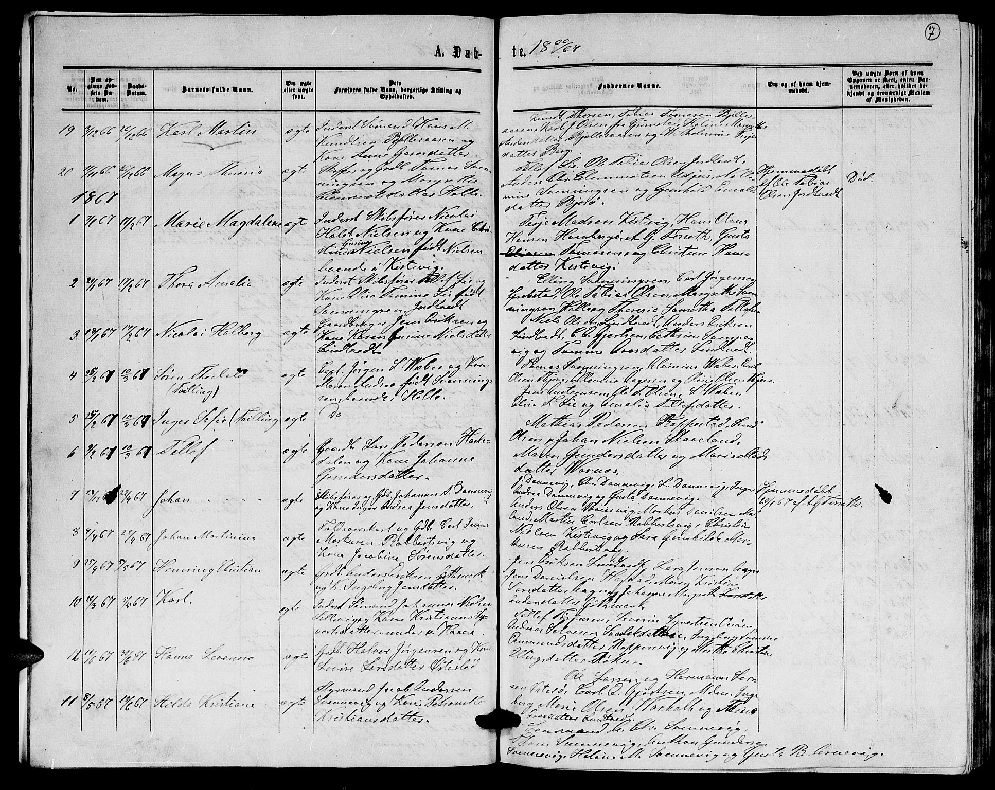 Hommedal sokneprestkontor, AV/SAK-1111-0023/F/Fb/Fba/L0003: Parish register (copy) no. B 3, 1863-1884, p. 7