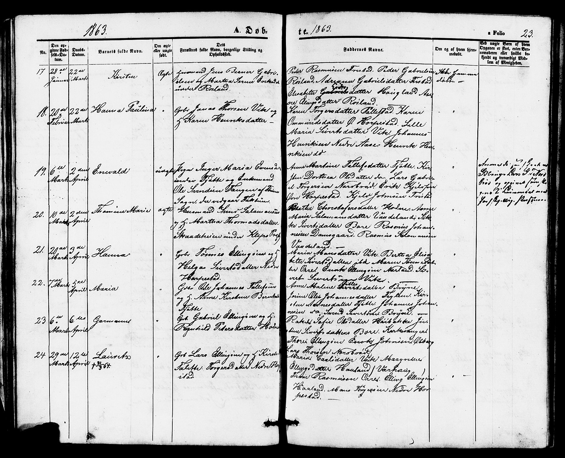 Klepp sokneprestkontor, AV/SAST-A-101803/001/3/30BB/L0002: Parish register (copy) no. B 2, 1860-1875, p. 23