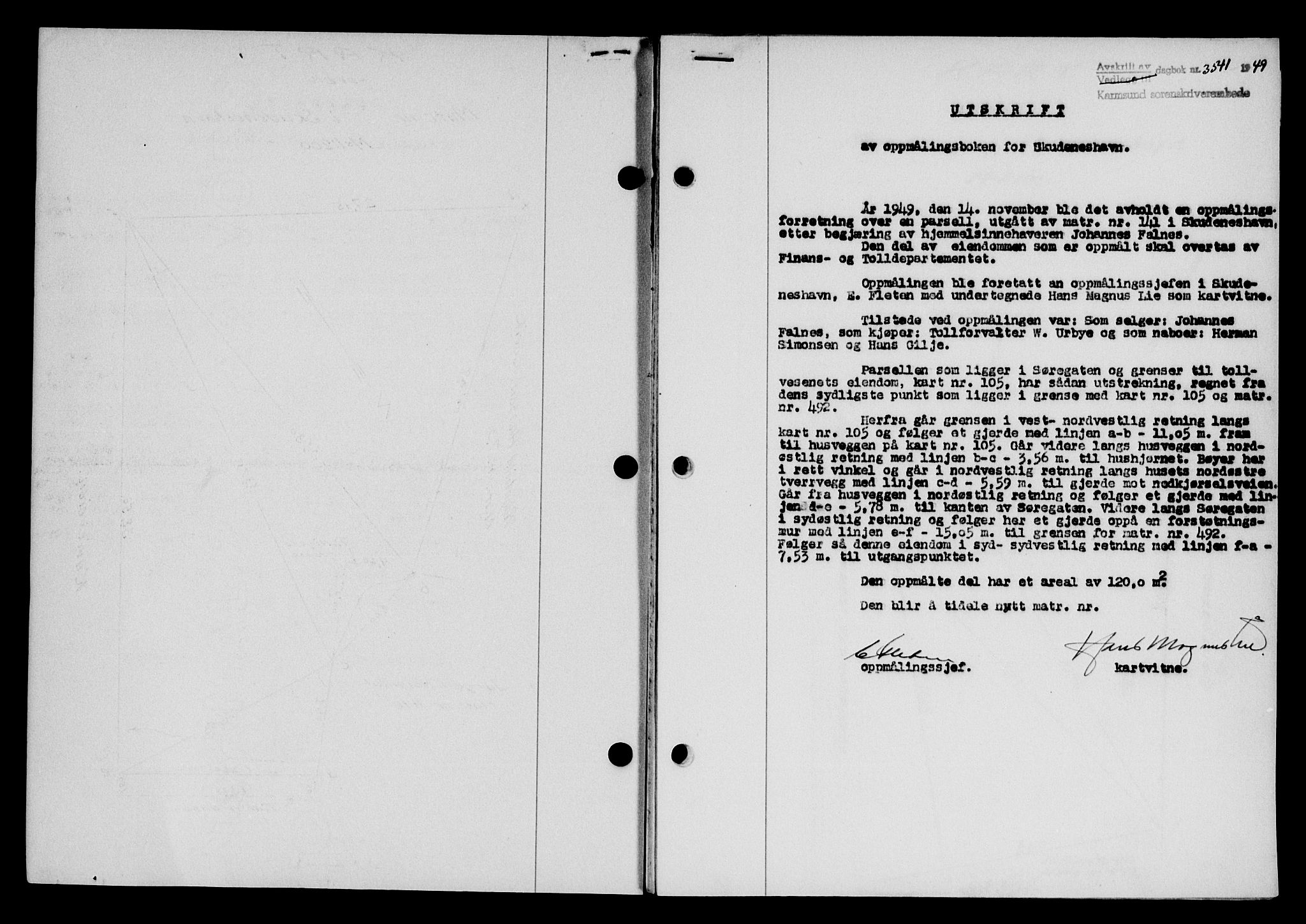 Karmsund sorenskriveri, SAST/A-100311/01/II/IIB/L0098: Mortgage book no. 78A, 1949-1950, Diary no: : 3541/1949