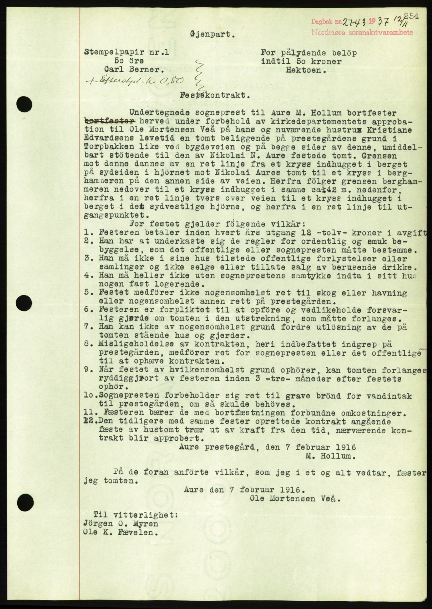 Nordmøre sorenskriveri, AV/SAT-A-4132/1/2/2Ca/L0092: Mortgage book no. B82, 1937-1938, Diary no: : 2743/1937