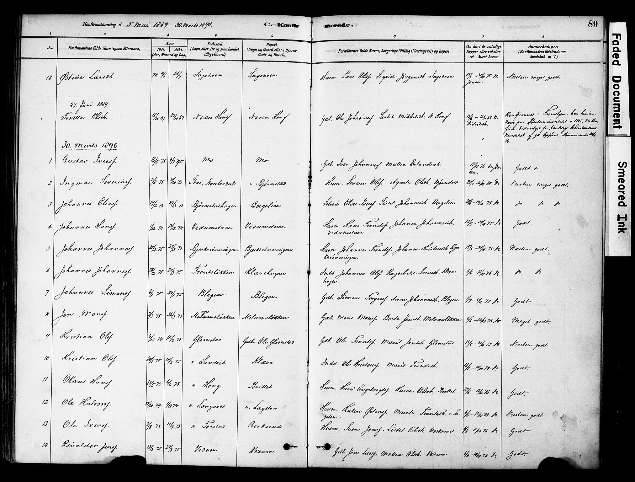 Øyer prestekontor, AV/SAH-PREST-084/H/Ha/Haa/L0009: Parish register (official) no. 9, 1878-1893, p. 89