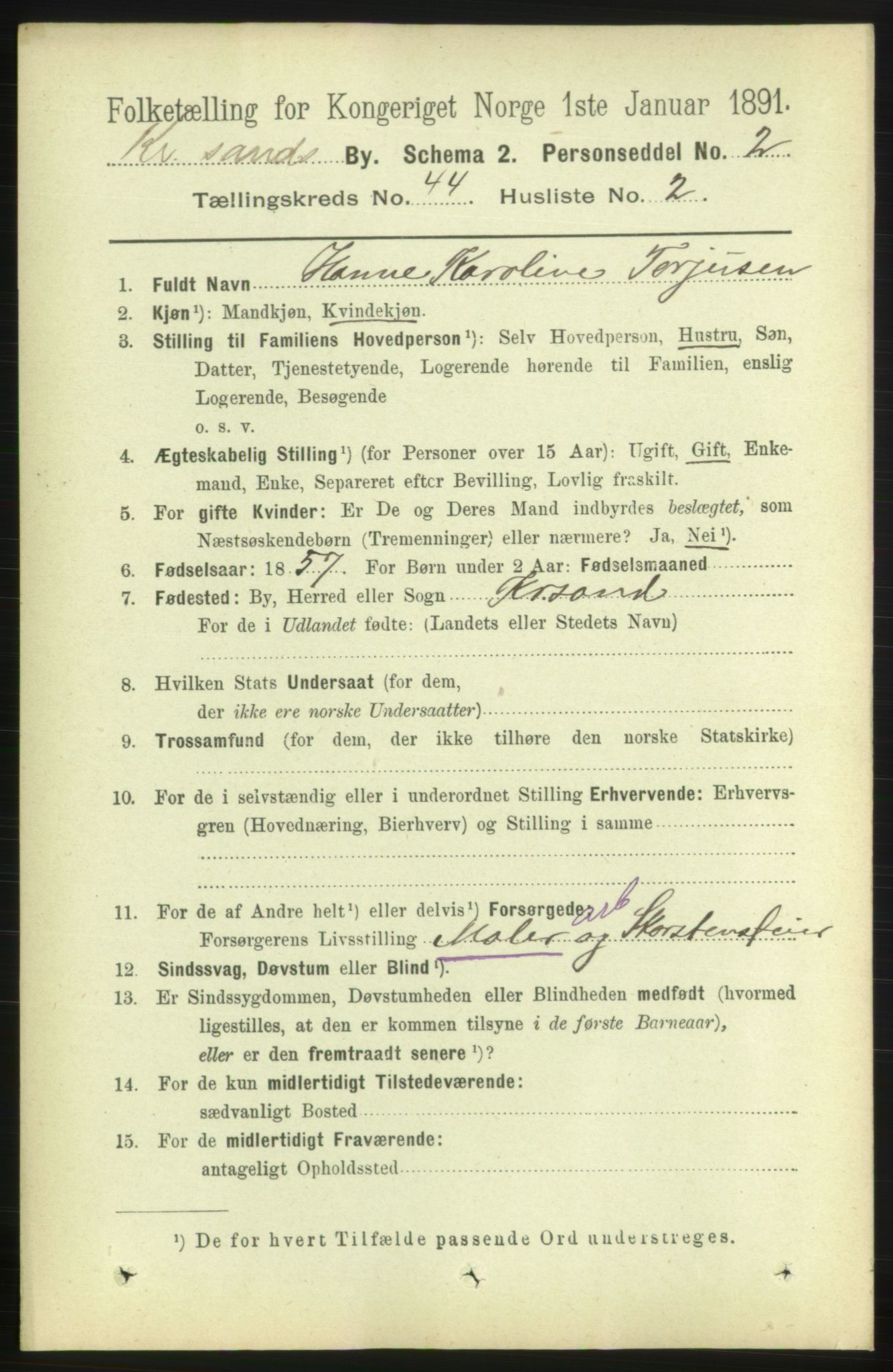 RA, 1891 census for 1001 Kristiansand, 1891, p. 13319