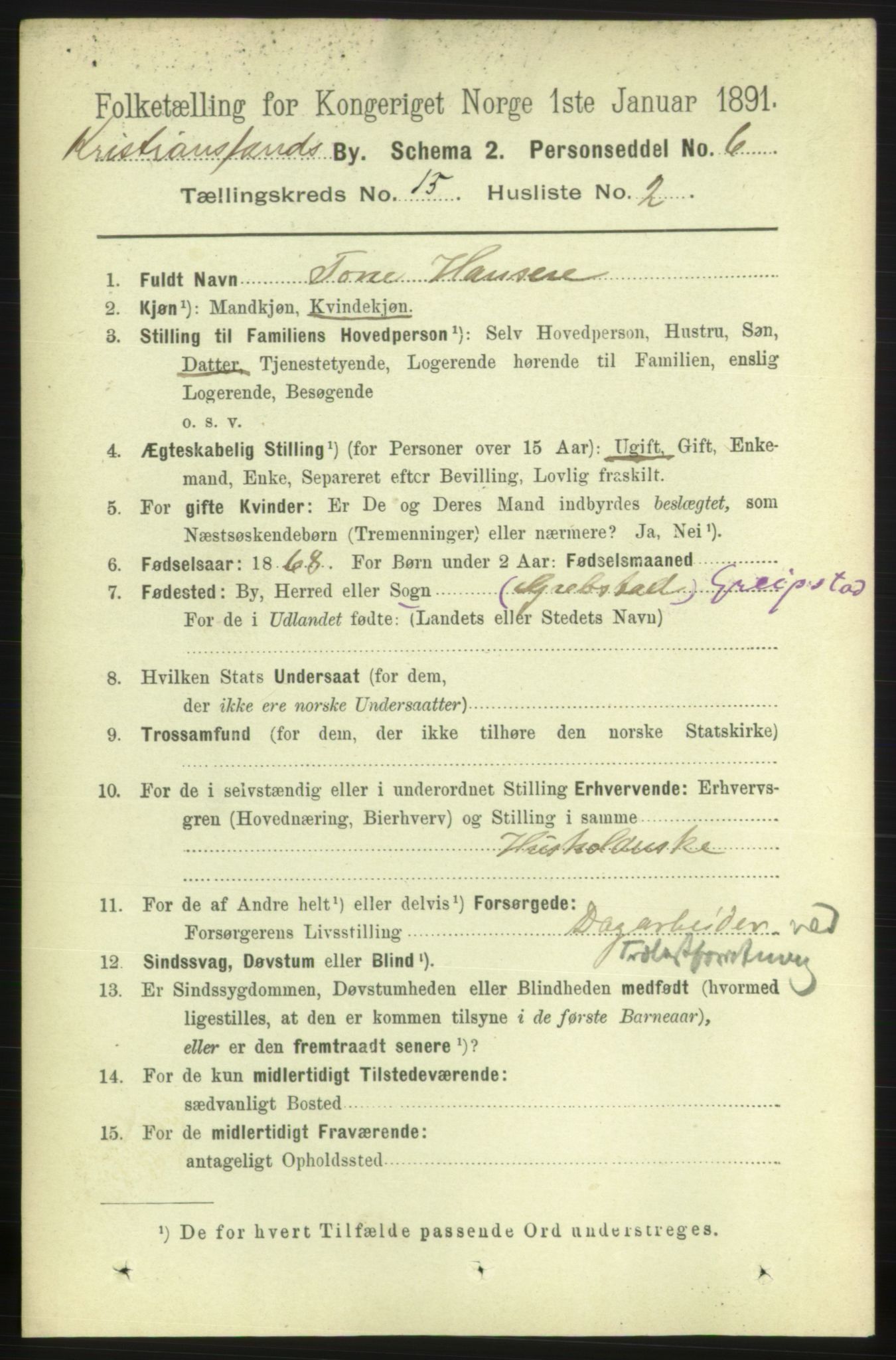 RA, 1891 census for 1001 Kristiansand, 1891, p. 6327