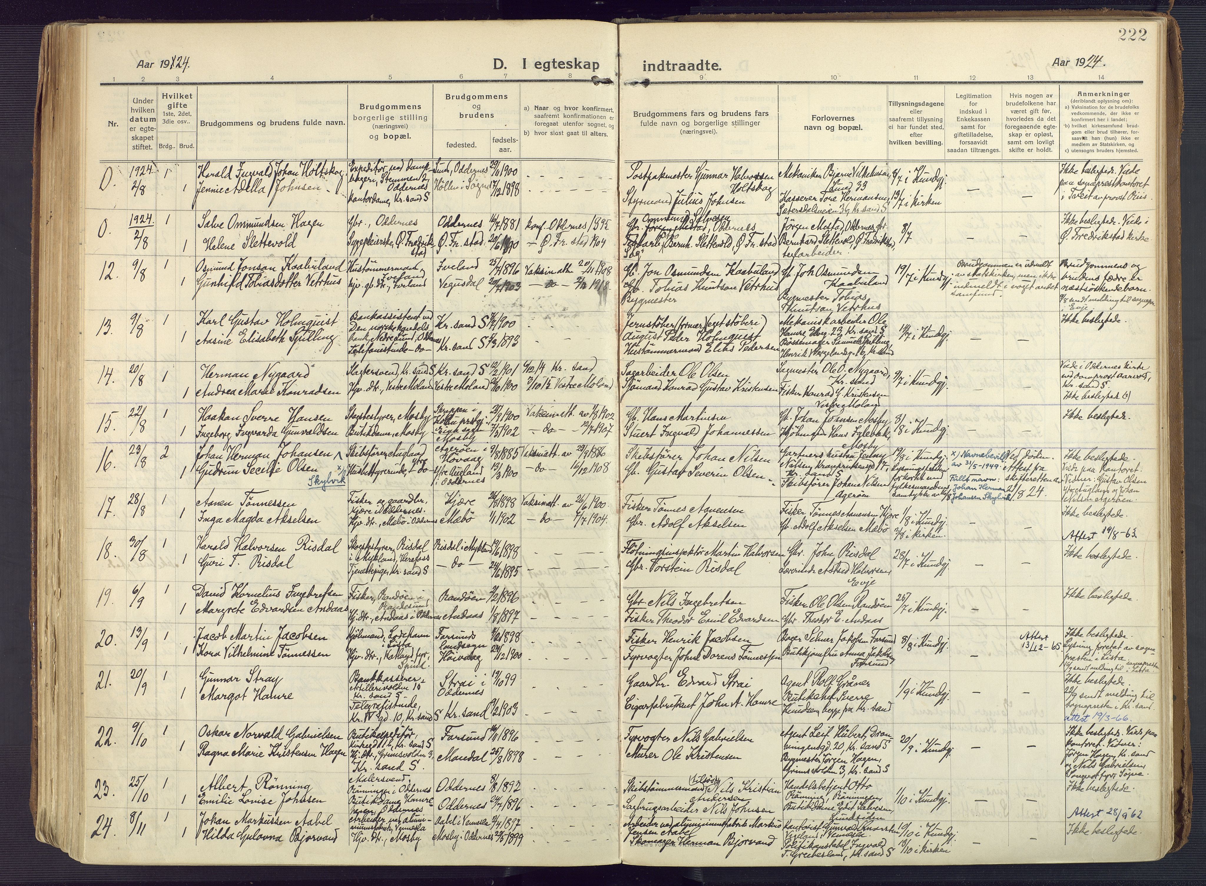 Oddernes sokneprestkontor, AV/SAK-1111-0033/F/Fa/Faa/L0012: Parish register (official) no. A 12, 1912-1925, p. 222