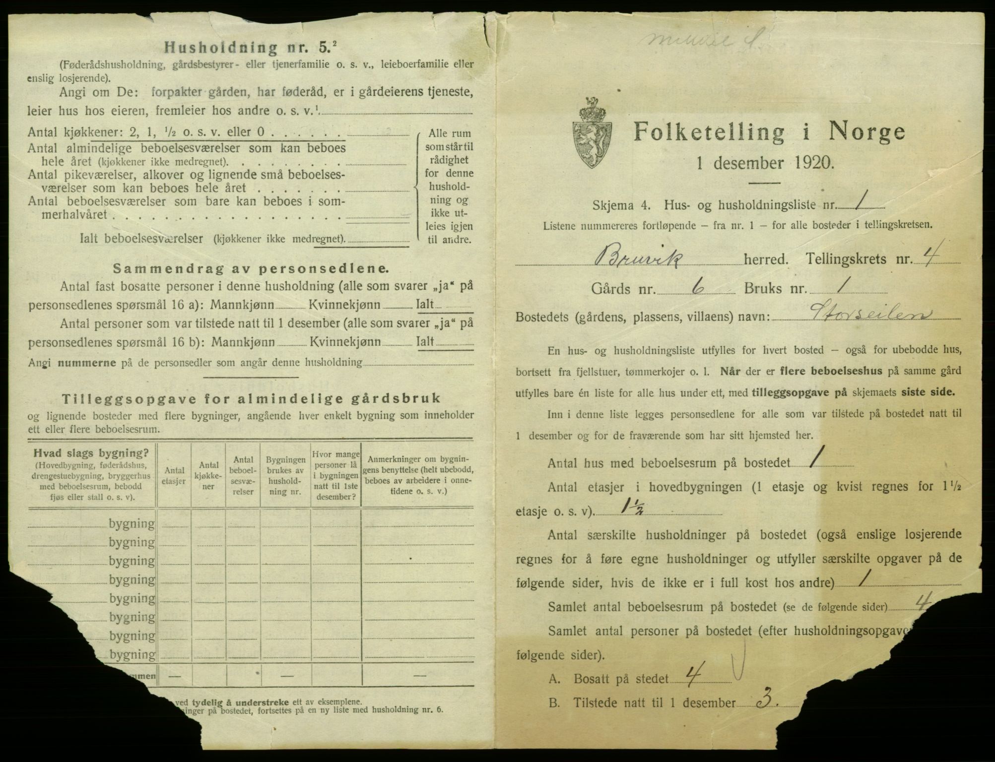 SAB, 1920 census for Bruvik, 1920, p. 238