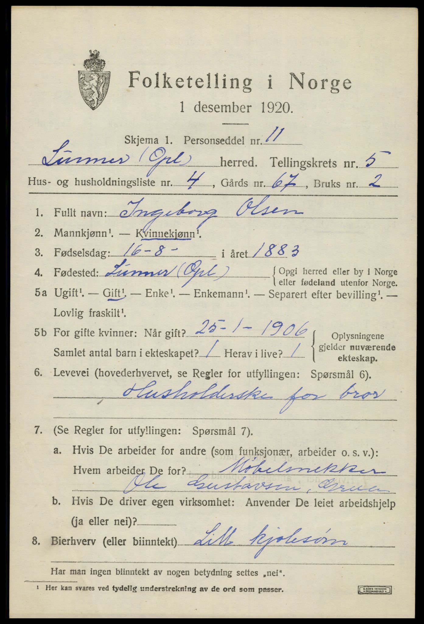 SAH, 1920 census for Lunner, 1920, p. 6989