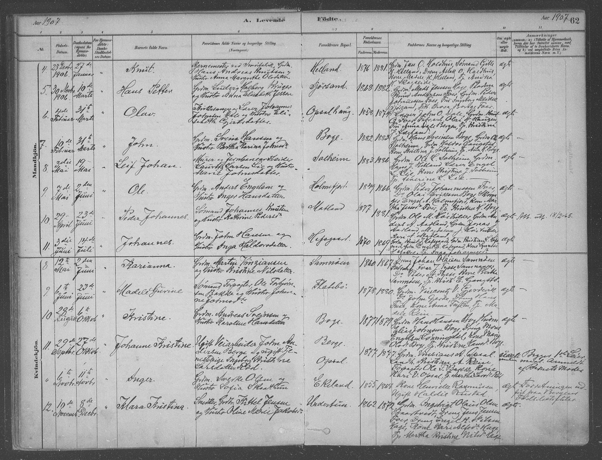 Fusa sokneprestembete, AV/SAB-A-75401/H/Haa: Parish register (official) no. B 1, 1880-1938, p. 62