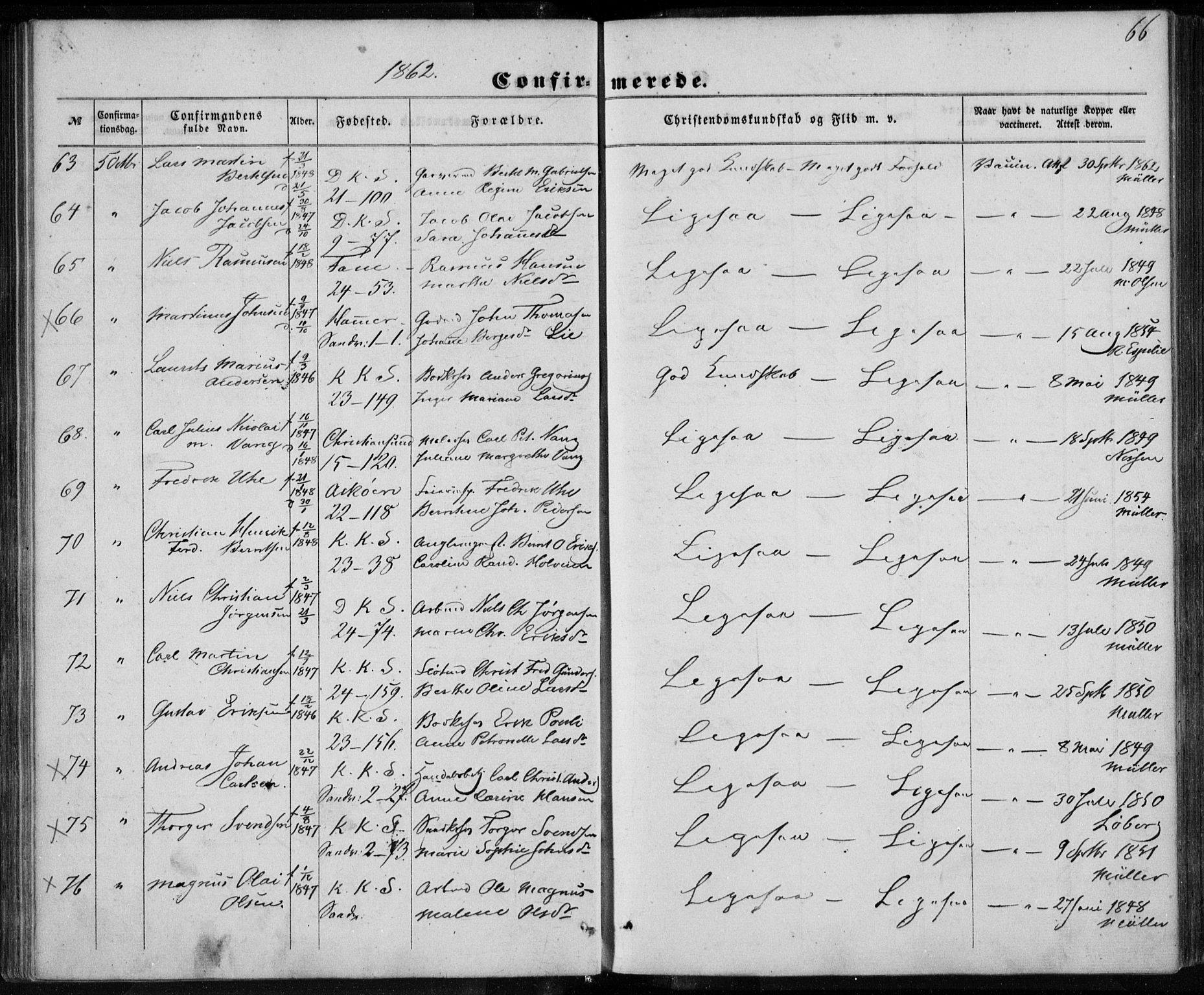 Korskirken sokneprestembete, SAB/A-76101/H/Haa/L0027: Parish register (official) no. C 3, 1854-1868, p. 66