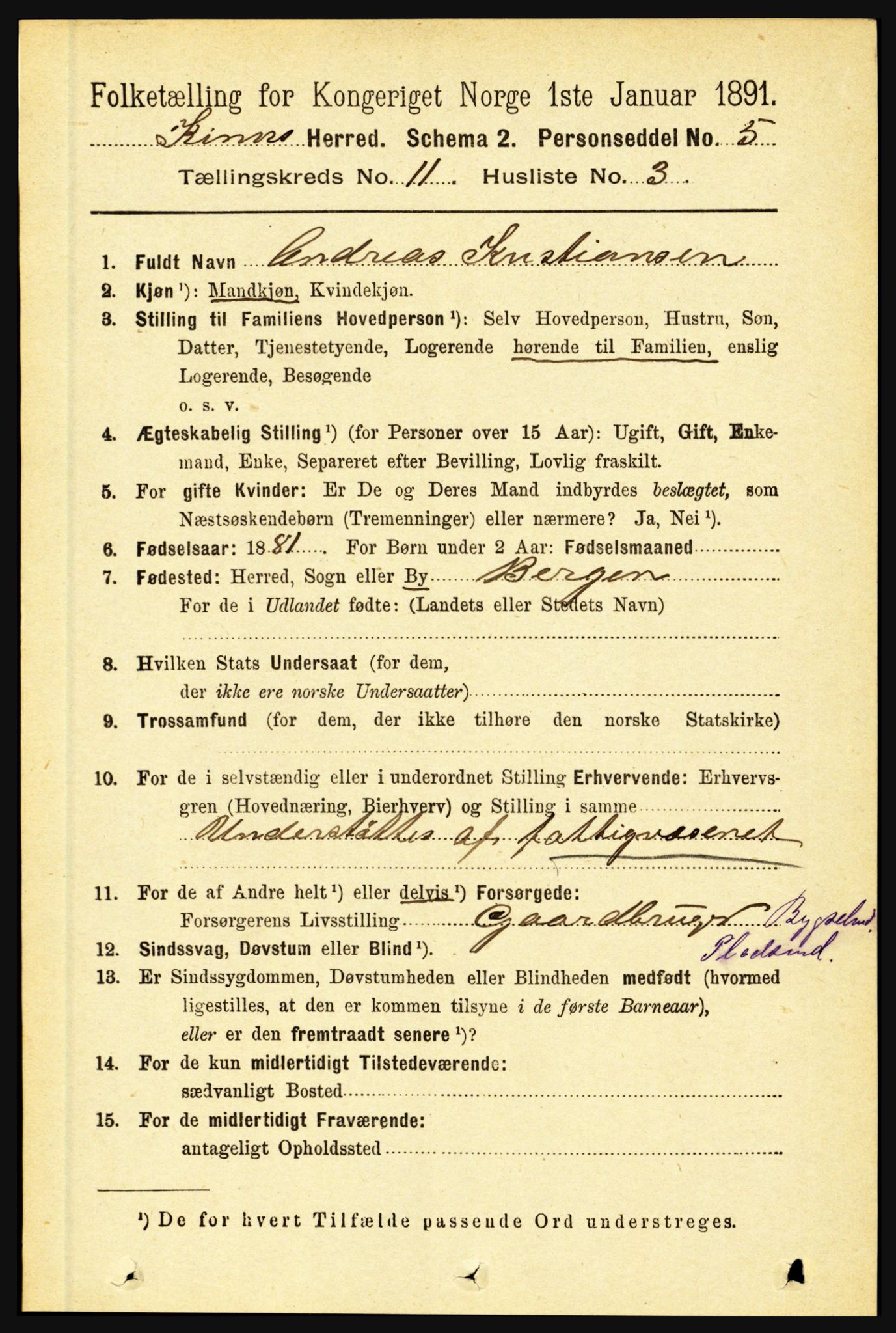 RA, 1891 census for 1437 Kinn, 1891, p. 4080