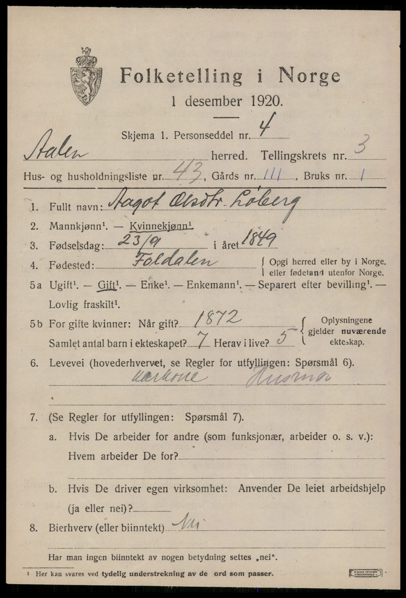 SAT, 1920 census for Ålen, 1920, p. 2062