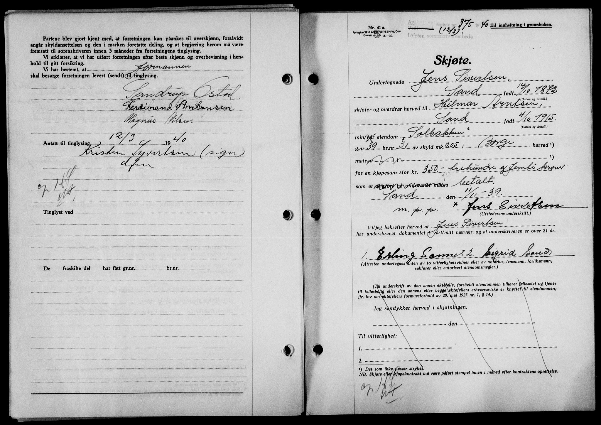 Lofoten sorenskriveri, SAT/A-0017/1/2/2C/L0007a: Mortgage book no. 7a, 1939-1940, Diary no: : 375/1940
