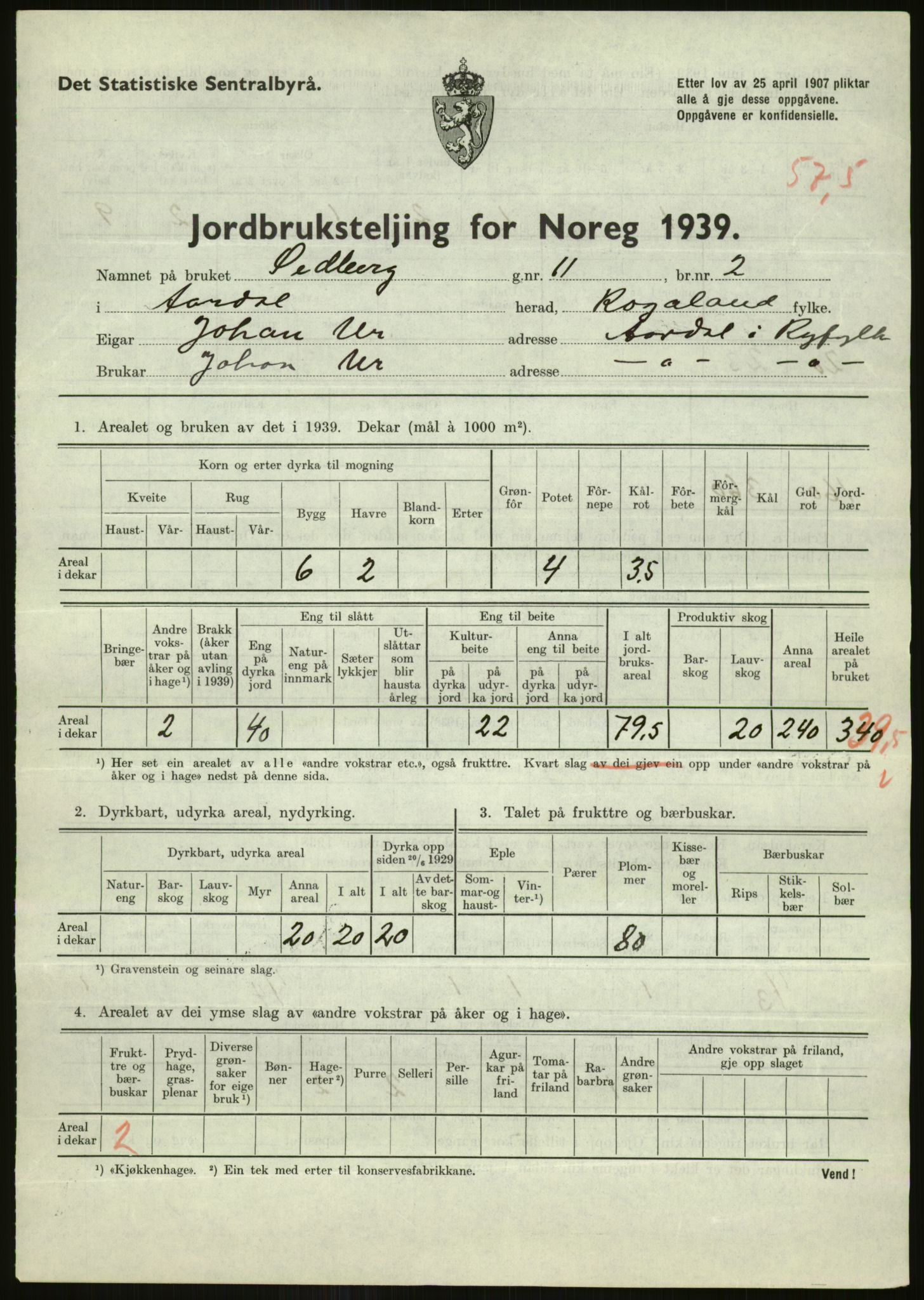 Statistisk sentralbyrå, Næringsøkonomiske emner, Jordbruk, skogbruk, jakt, fiske og fangst, AV/RA-S-2234/G/Gb/L0184: Rogaland: Årdal, Fister og Hjelmeland, 1939, p. 759