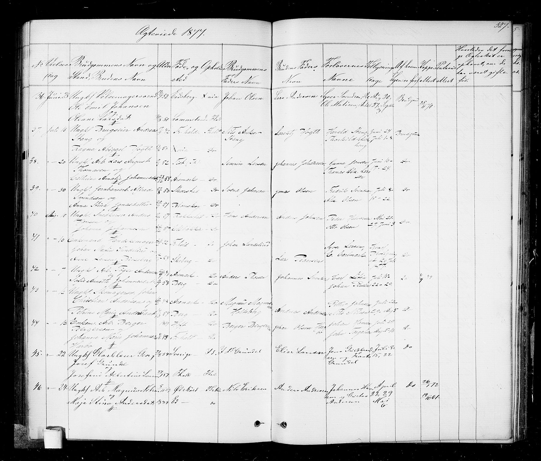 Halden prestekontor Kirkebøker, AV/SAO-A-10909/G/Ga/L0006: Parish register (copy) no. 6, 1869-1884, p. 527