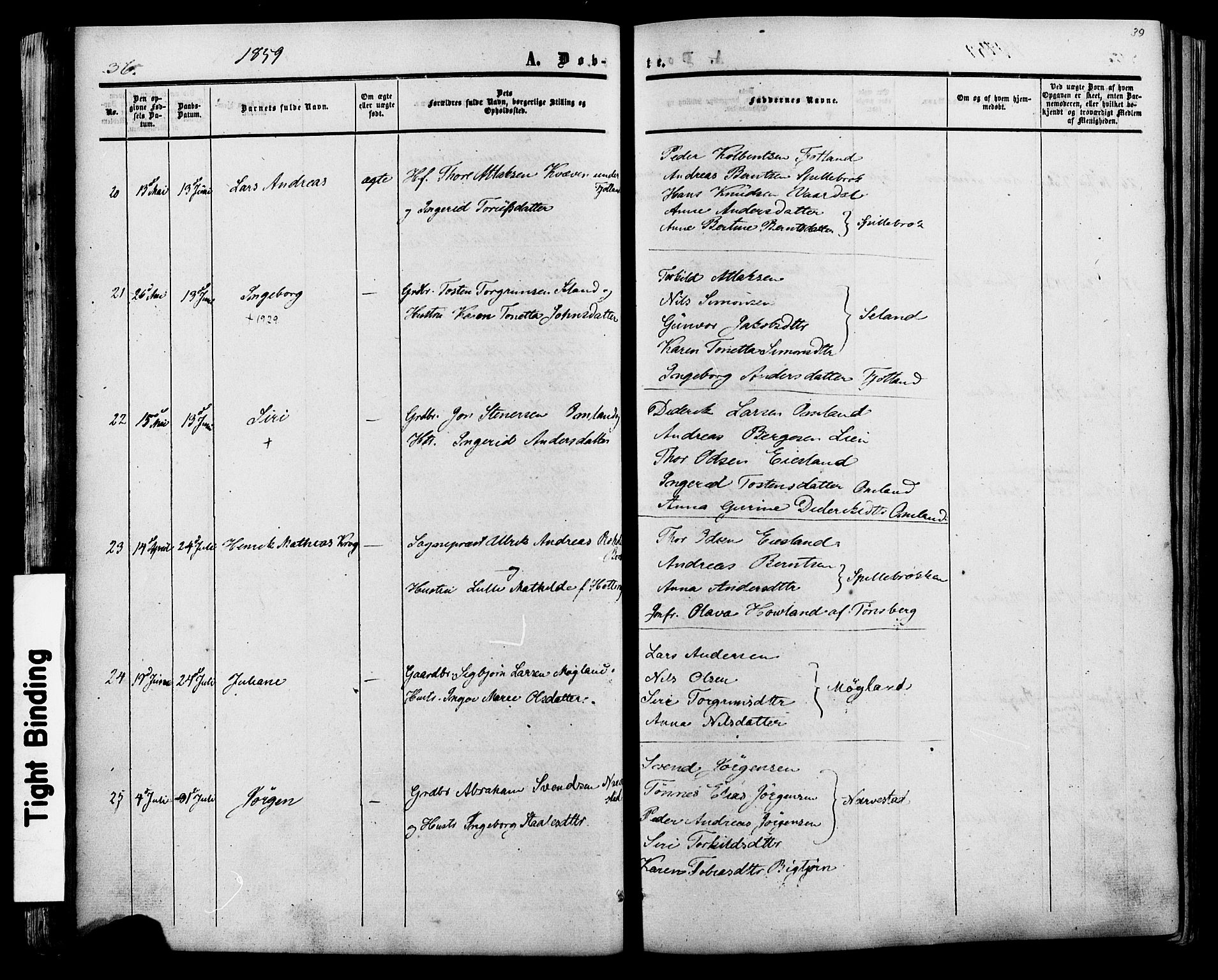 Fjotland sokneprestkontor, SAK/1111-0010/F/Fa/L0001: Parish register (official) no. A 1, 1850-1879, p. 39