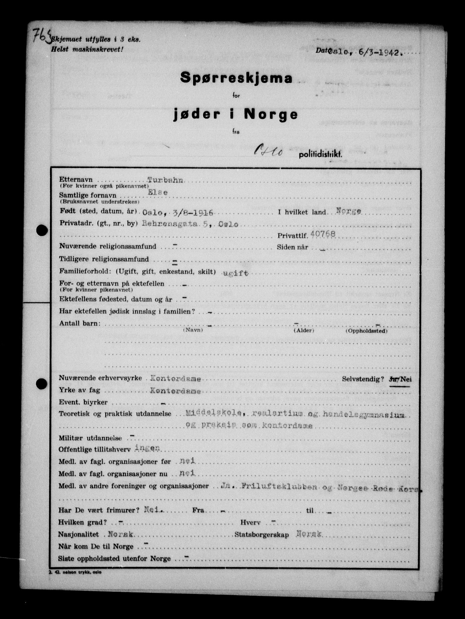 Statspolitiet - Hovedkontoret / Osloavdelingen, AV/RA-S-1329/G/Ga/L0011: Spørreskjema for jøder i Norge. 1: Oslo 610-806 (Plavnik-Zwillinger). 2: Aker 1-113 (Adler-Lewin). , 1942, p. 455