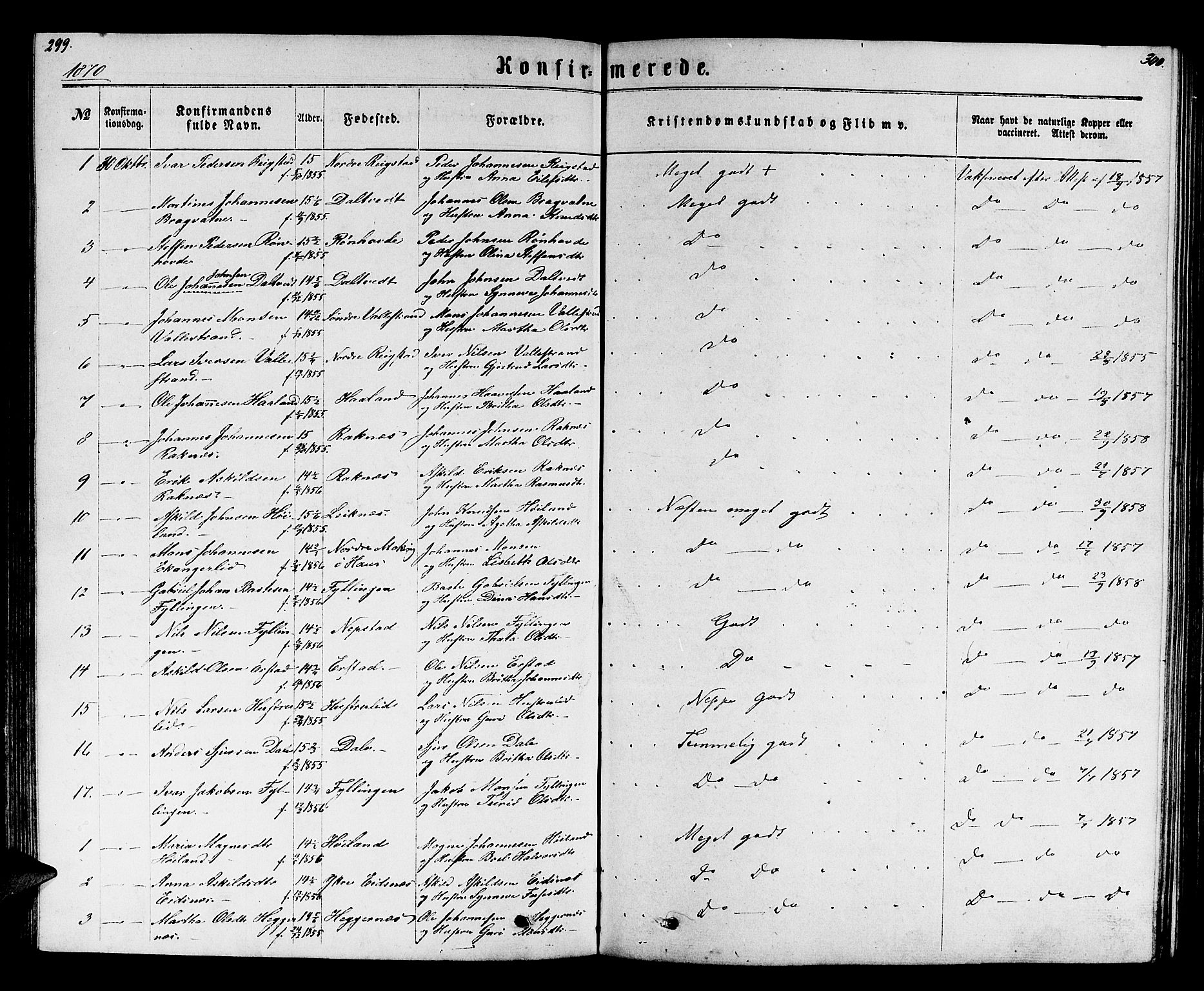 Hamre sokneprestembete, SAB/A-75501/H/Ha/Hab: Parish register (copy) no. B 2, 1863-1880, p. 299-300