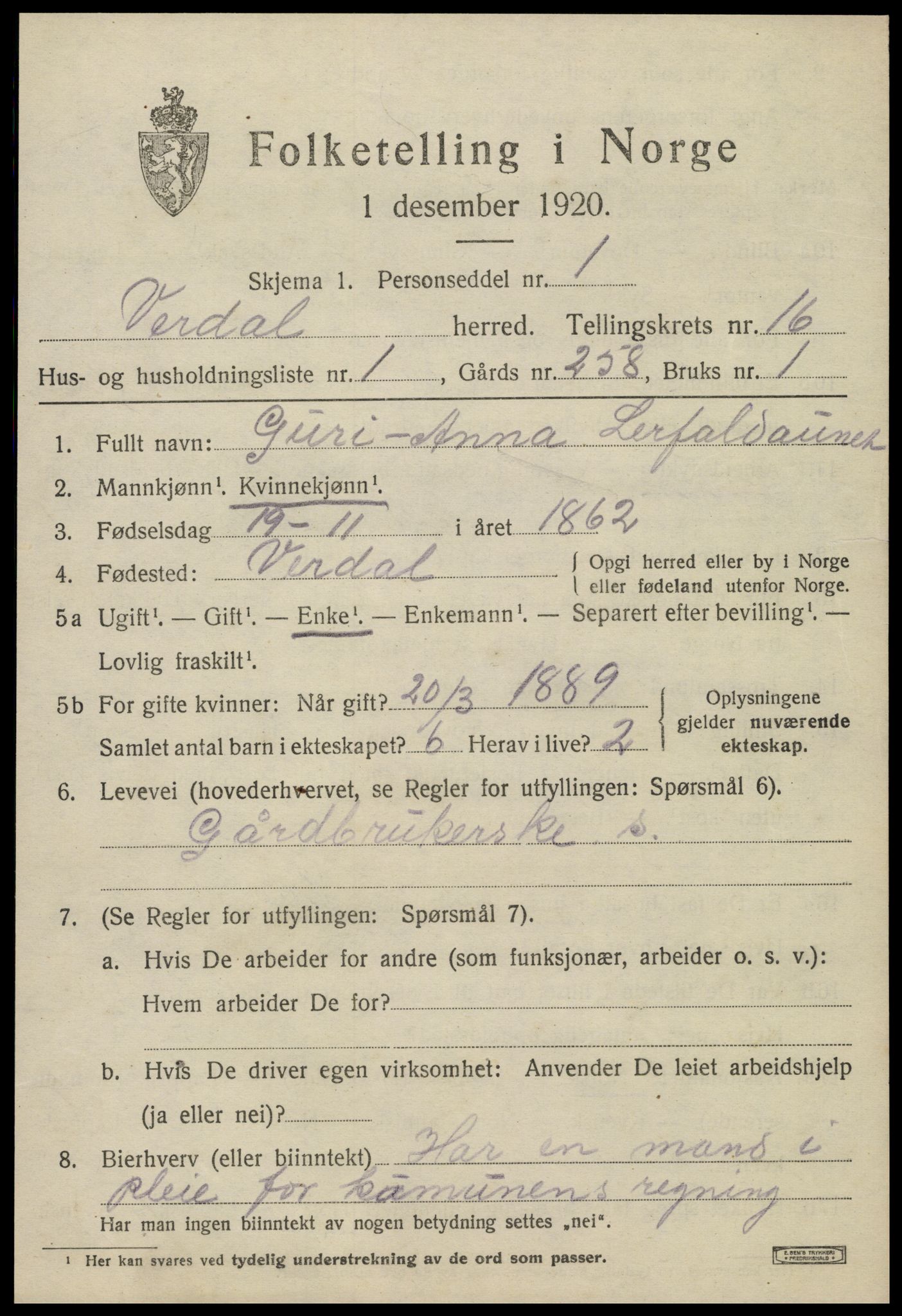 SAT, 1920 census for Verdal, 1920, p. 14831