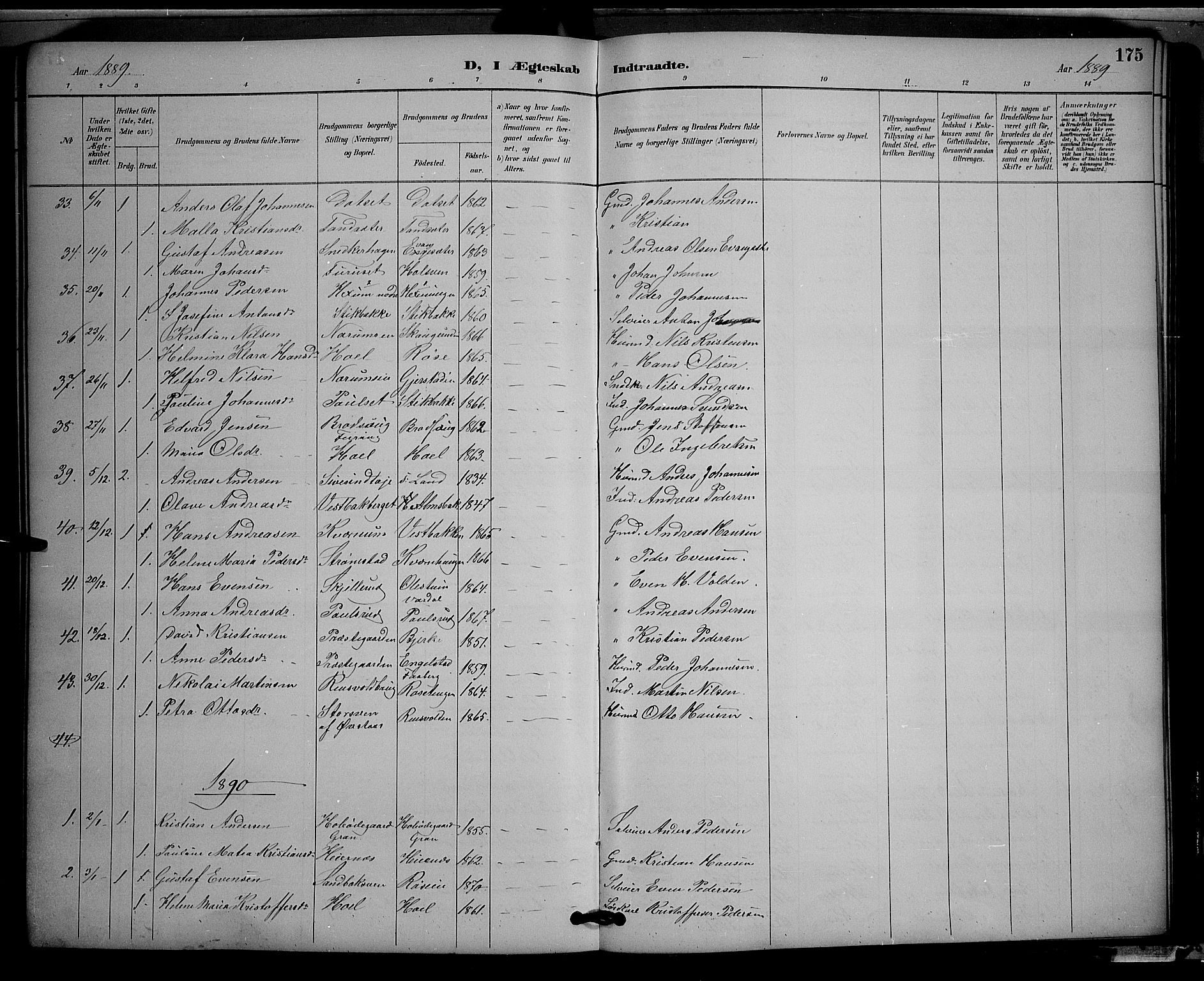 Vestre Toten prestekontor, SAH/PREST-108/H/Ha/Hab/L0009: Parish register (copy) no. 9, 1888-1900, p. 175