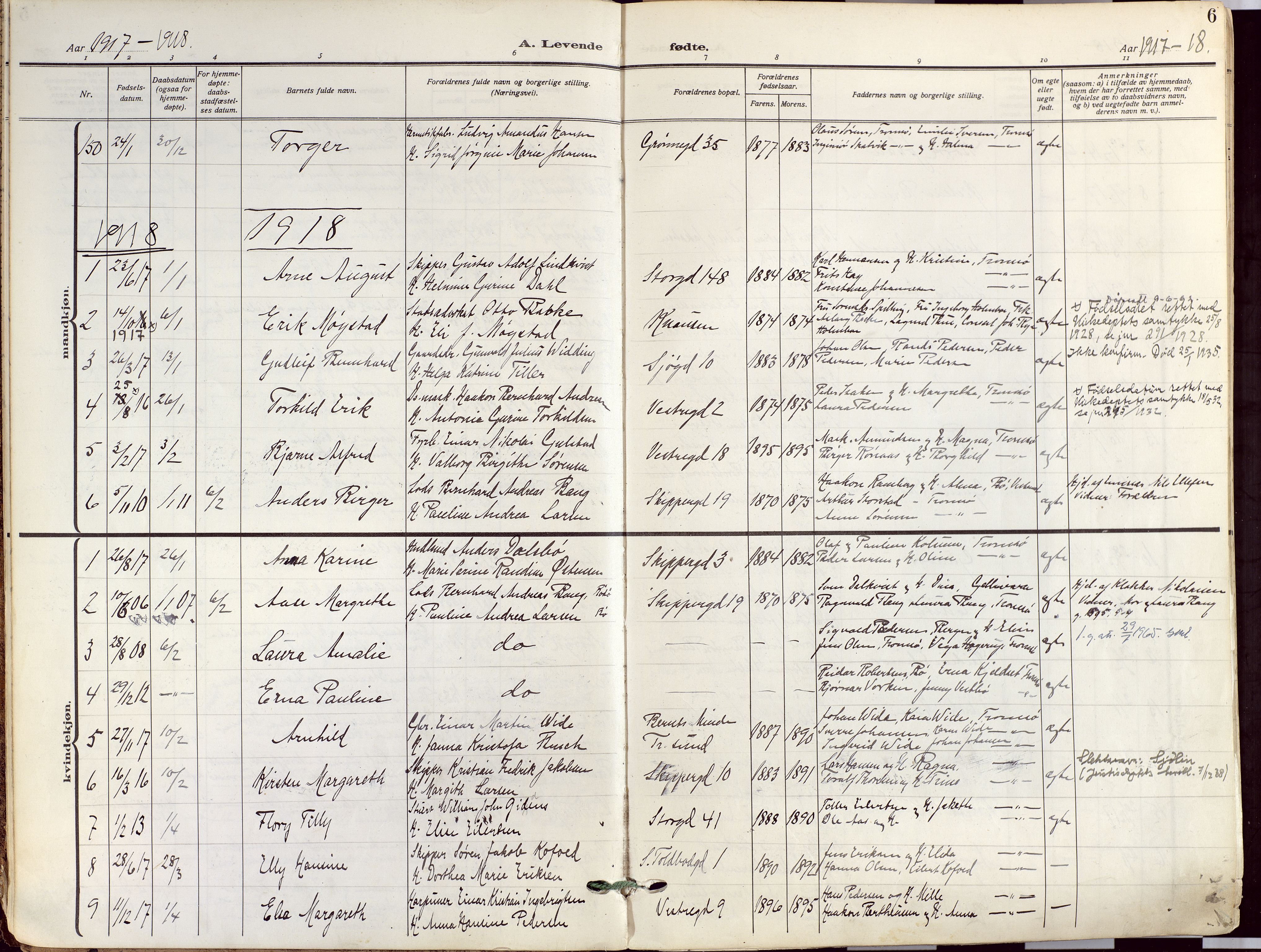 Tromsø sokneprestkontor/stiftsprosti/domprosti, SATØ/S-1343/G/Ga/L0019kirke: Parish register (official) no. 19, 1917-1927, p. 6