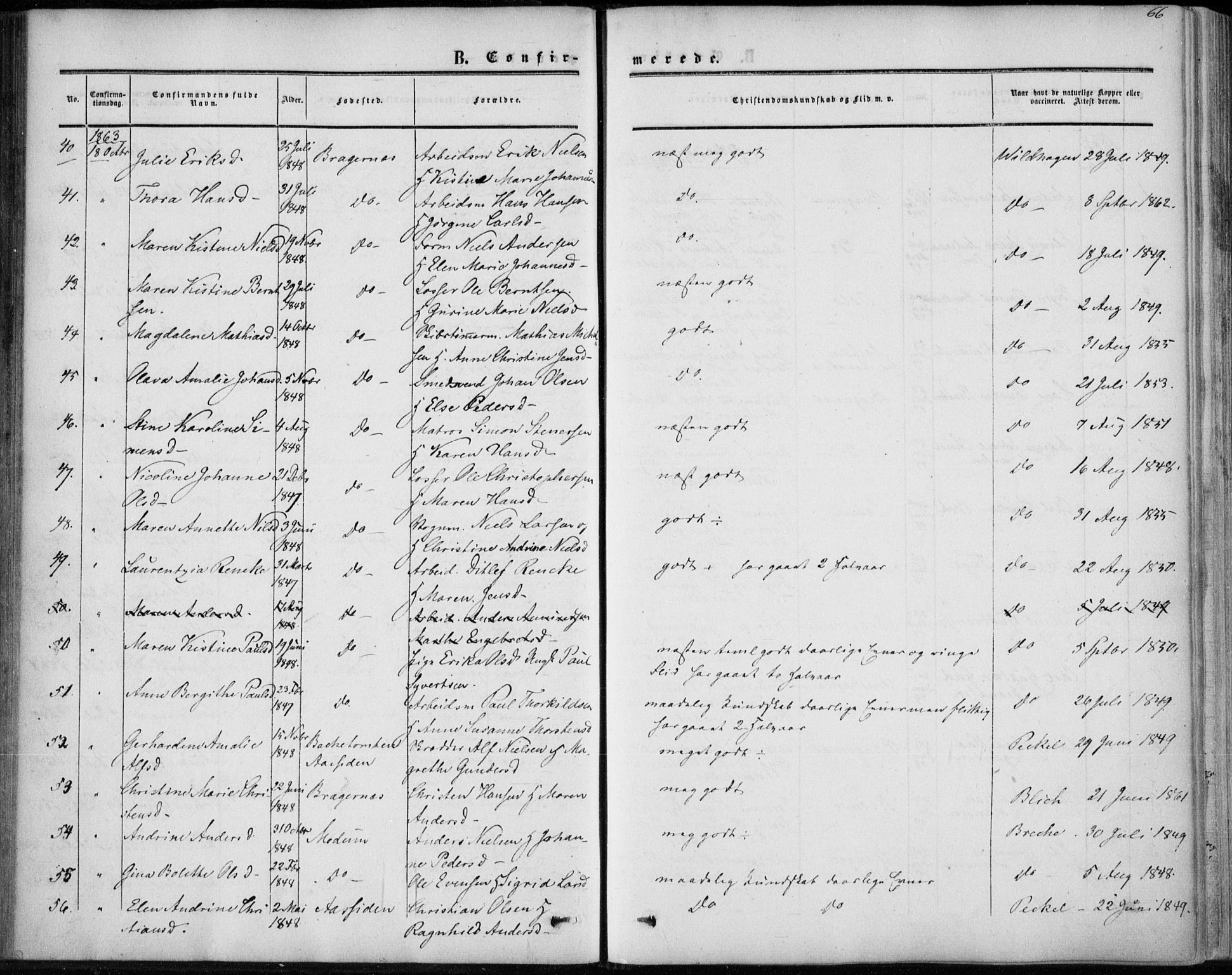 Bragernes kirkebøker, AV/SAKO-A-6/F/Fc/L0002: Parish register (official) no. III 2, 1854-1865, p. 66