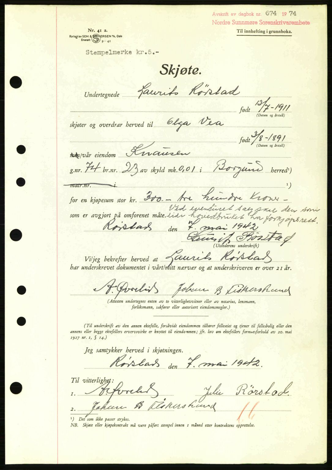 Nordre Sunnmøre sorenskriveri, AV/SAT-A-0006/1/2/2C/2Ca: Mortgage book no. A13, 1942-1942, Diary no: : 674/1942