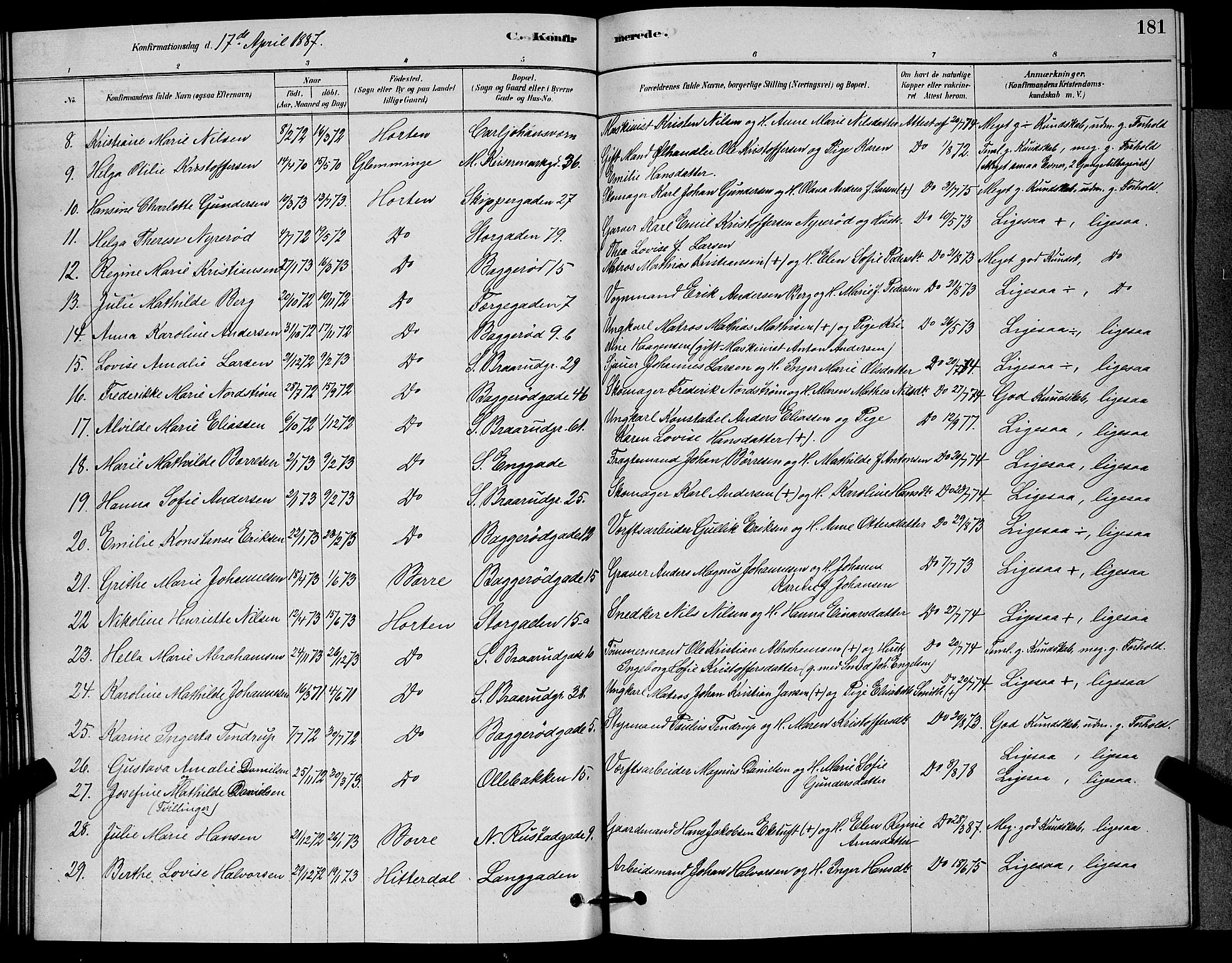 Horten kirkebøker, AV/SAKO-A-348/G/Ga/L0003: Parish register (copy) no. 4, 1878-1887, p. 181