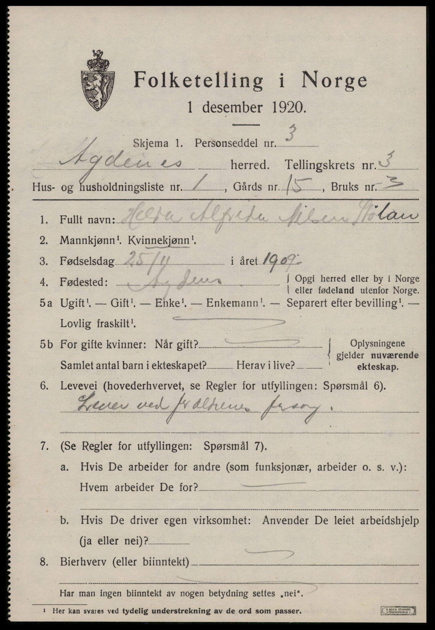 SAT, 1920 census for Agdenes, 1920, p. 1803