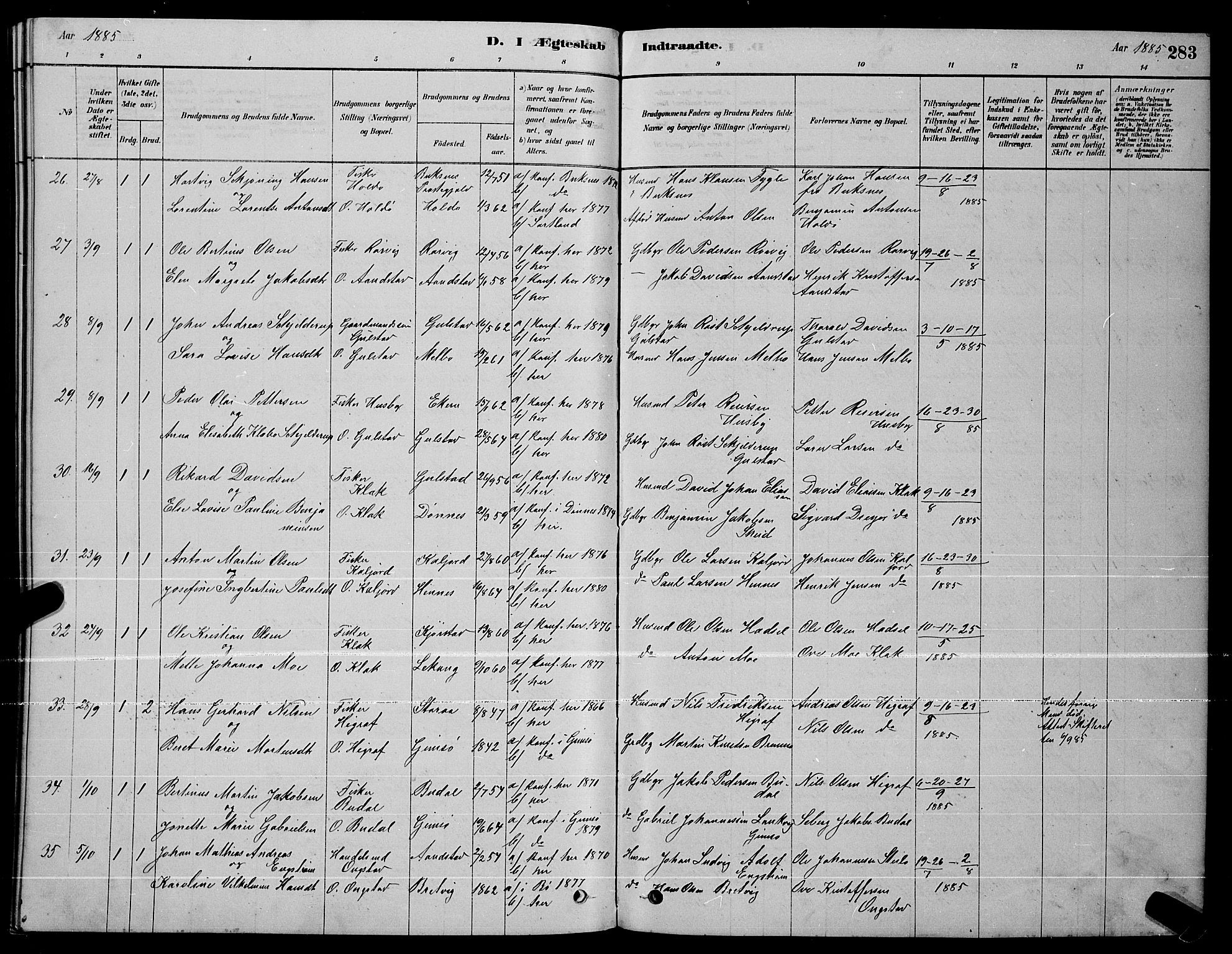 Ministerialprotokoller, klokkerbøker og fødselsregistre - Nordland, AV/SAT-A-1459/888/L1267: Parish register (copy) no. 888C05, 1878-1890, p. 283