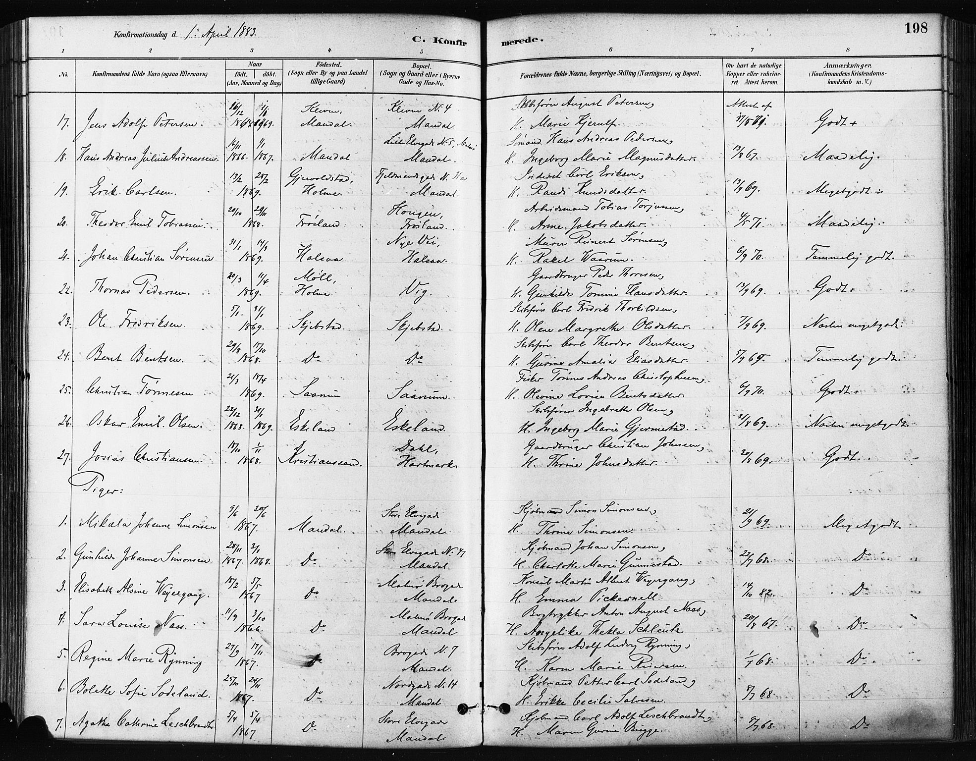 Mandal sokneprestkontor, SAK/1111-0030/F/Fa/Faa/L0016: Parish register (official) no. A 16, 1880-1890, p. 198