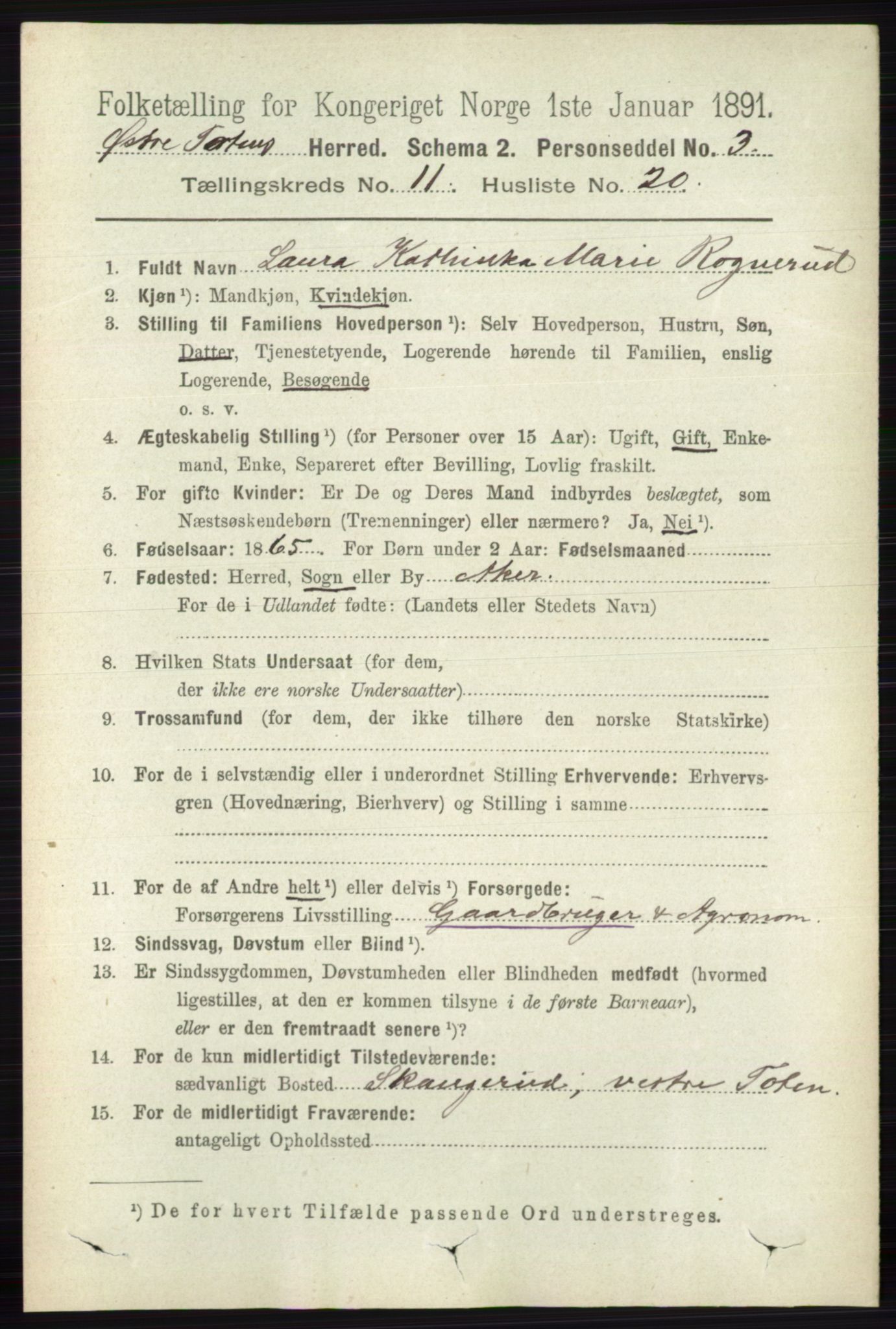 RA, 1891 census for 0528 Østre Toten, 1891, p. 7047