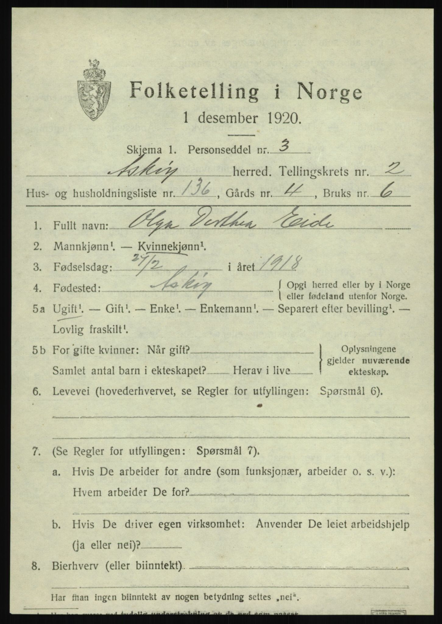 SAB, 1920 census for Askøy, 1920, p. 5994