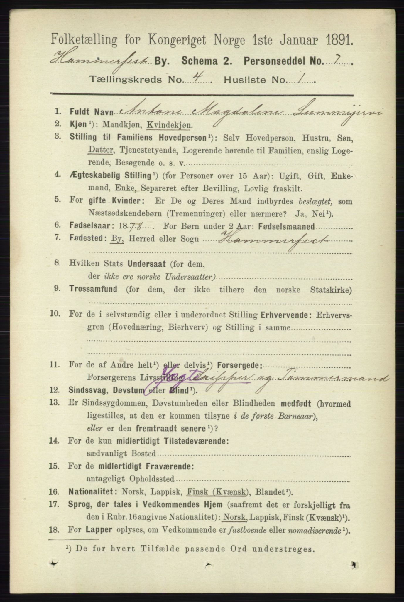 RA, 1891 census for 2001 Hammerfest, 1891, p. 912