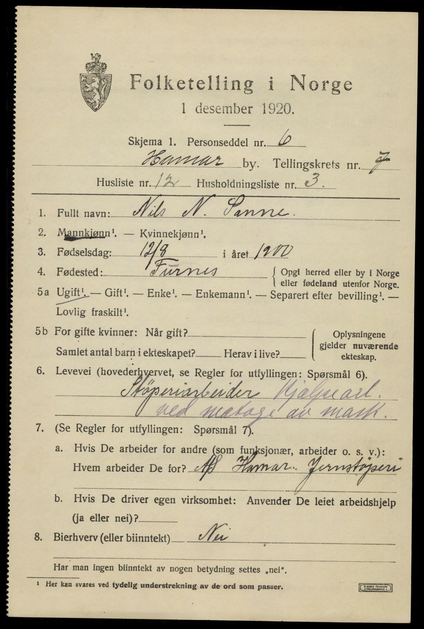 SAH, 1920 census for Hamar, 1920, p. 13021