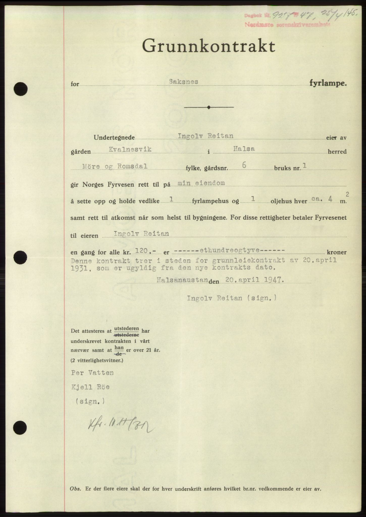 Nordmøre sorenskriveri, AV/SAT-A-4132/1/2/2Ca: Mortgage book no. B96, 1947-1947, Diary no: : 927/1947