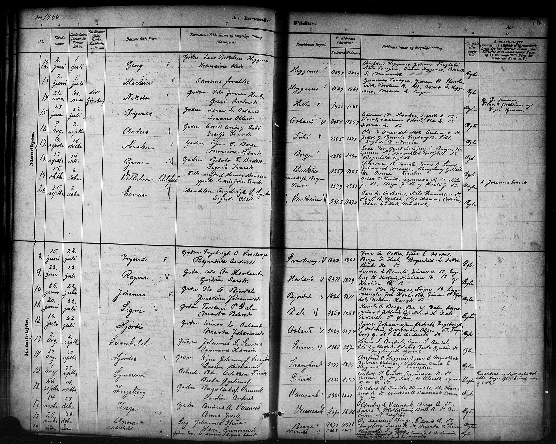 Lavik sokneprestembete, SAB/A-80901: Parish register (copy) no. B 3, 1882-1913, p. 75