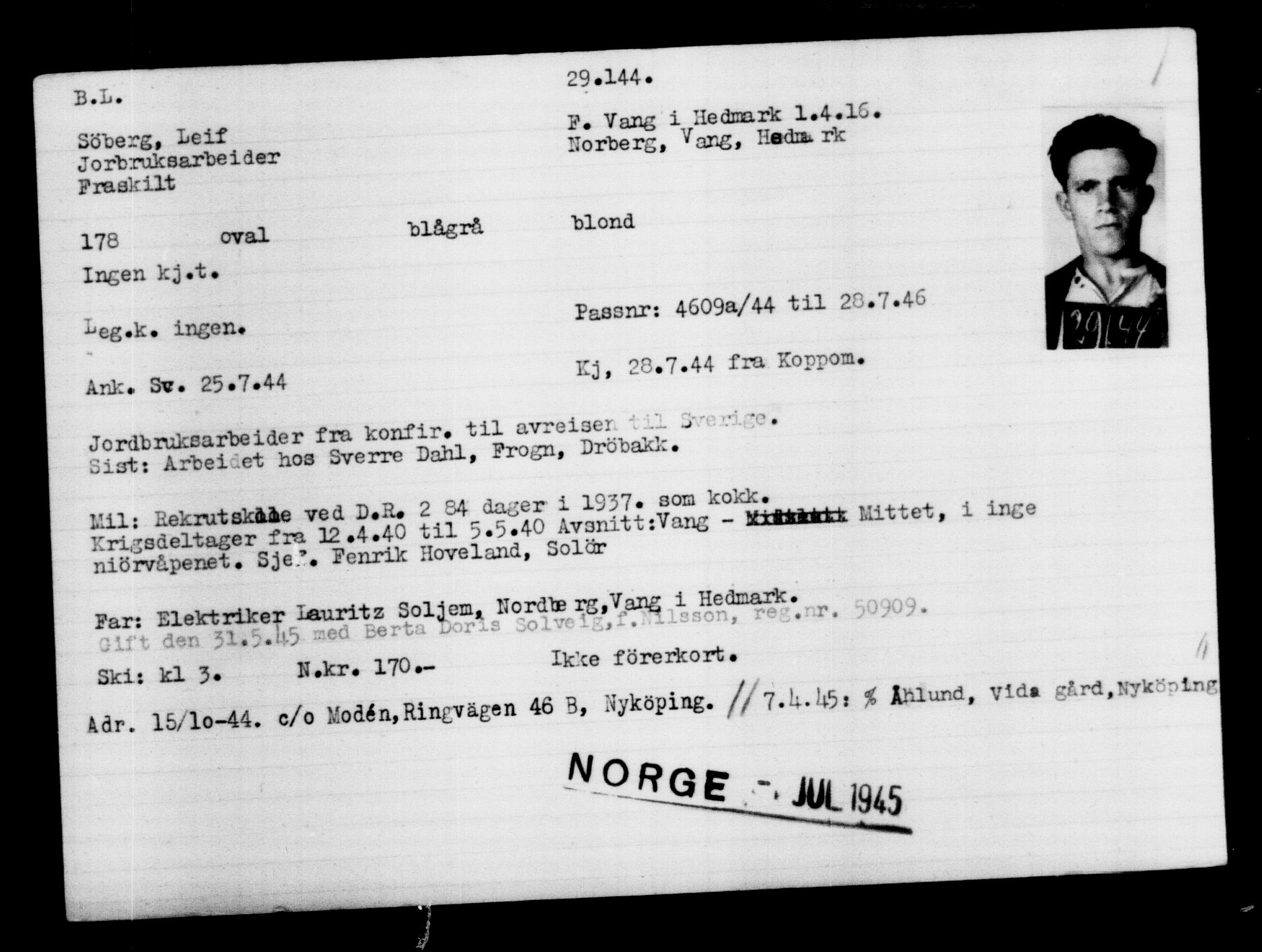 Utenriksstasjonene, Legasjonen i Stockholm, Flyktningkontoret, AV/RA-S-6753/V/Va/L0012: Kjesäterkartoteket, flyktninger med registreringsnr. 28300-31566, 1940-1945, p. 914