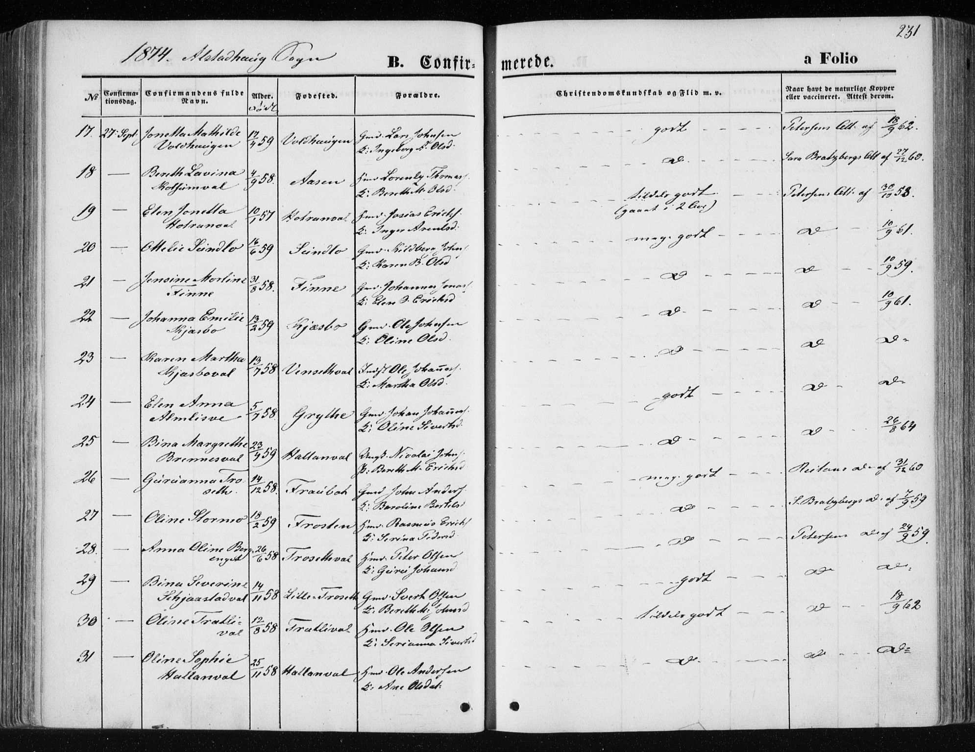 Ministerialprotokoller, klokkerbøker og fødselsregistre - Nord-Trøndelag, AV/SAT-A-1458/717/L0157: Parish register (official) no. 717A08 /1, 1863-1877, p. 231