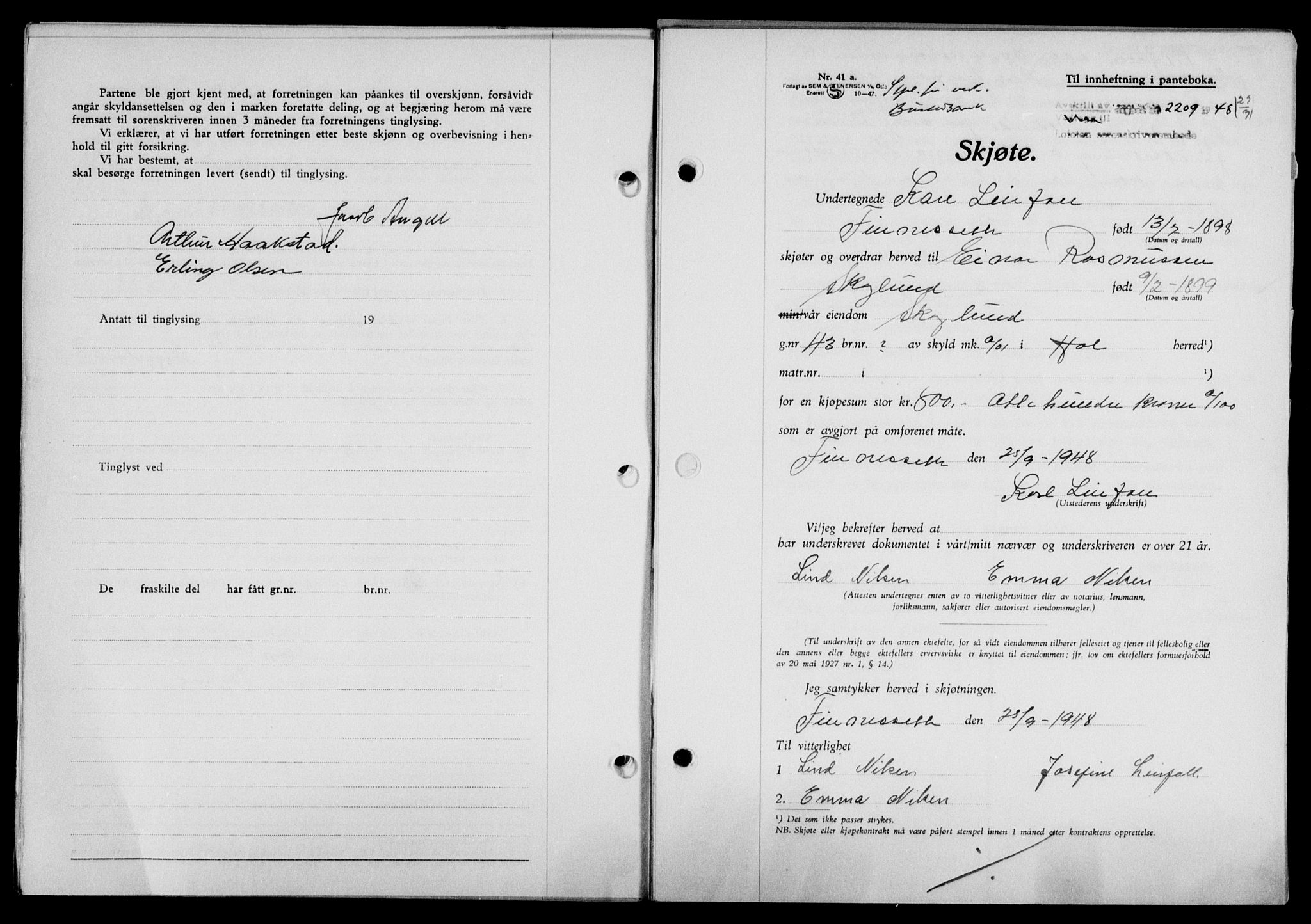 Lofoten sorenskriveri, SAT/A-0017/1/2/2C/L0019a: Mortgage book no. 19a, 1948-1948, Diary no: : 2209/1948