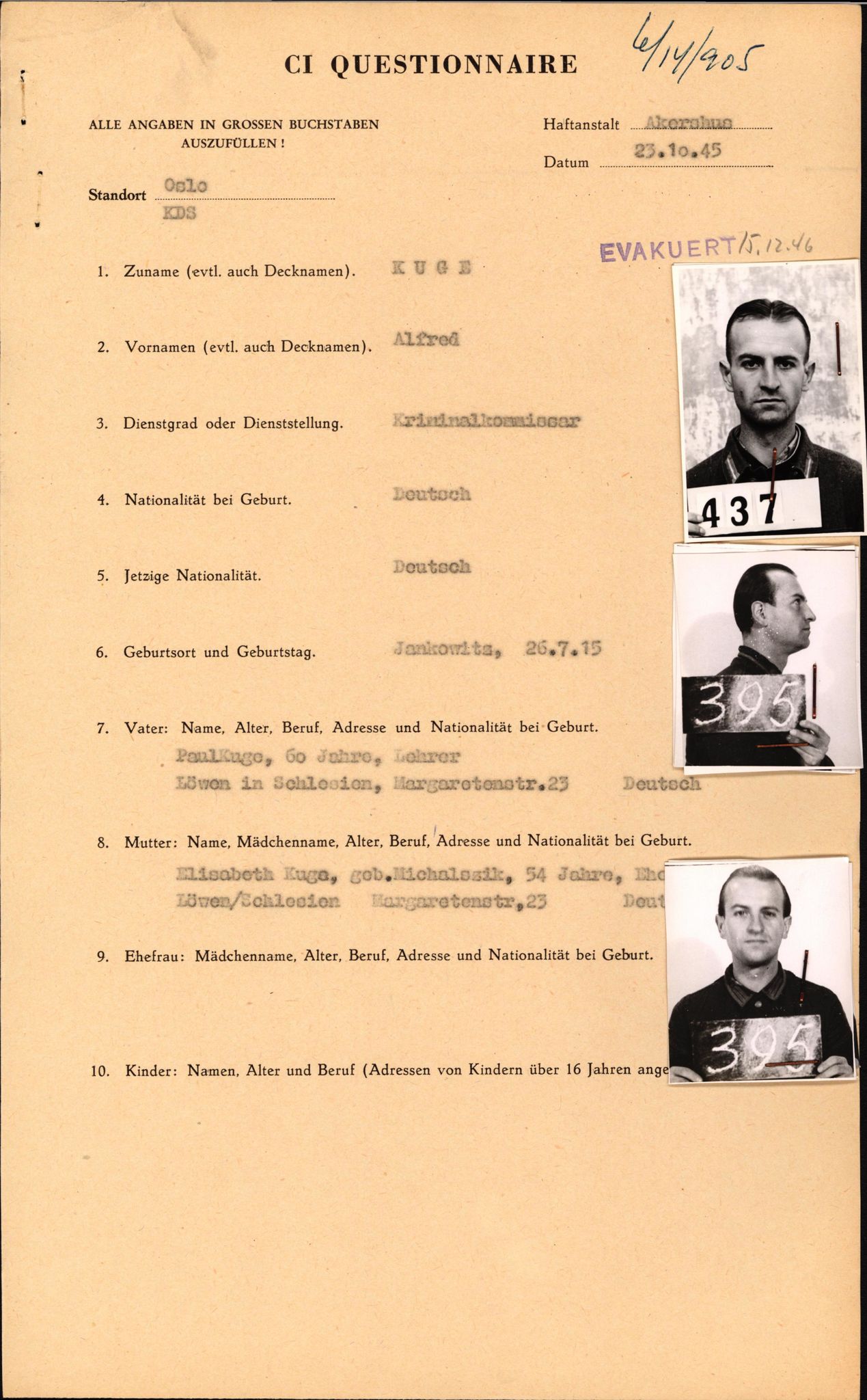 Forsvaret, Forsvarets overkommando II, AV/RA-RAFA-3915/D/Db/L0018: CI Questionaires. Tyske okkupasjonsstyrker i Norge. Tyskere., 1945-1946, p. 430