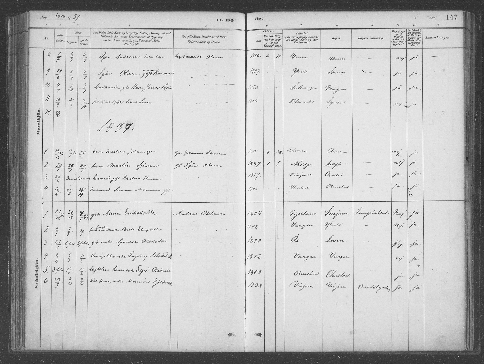 Aurland sokneprestembete, AV/SAB-A-99937/H/Ha/Hab/L0001: Parish register (official) no. B  1, 1880-1909, p. 147